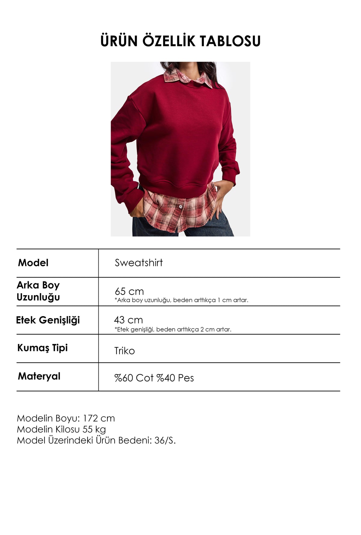 Kadın Bordo w6-35 Oversize Ekose Gömlek Detaylı Tasarım Sweatshirt