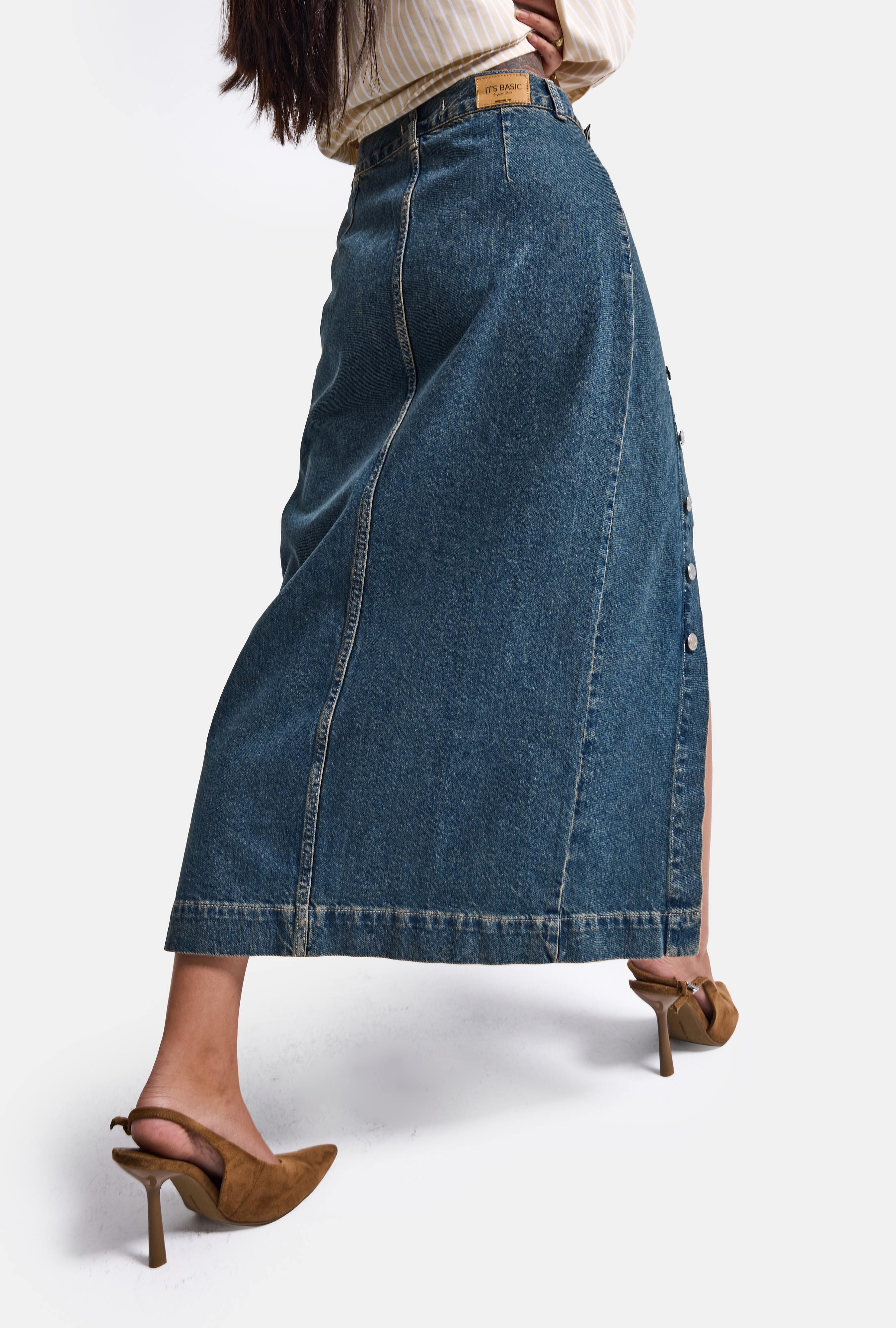 Kadın Tint Kot Rengi Tilia Önü Düğmeli Maxi Boy Denim Etek