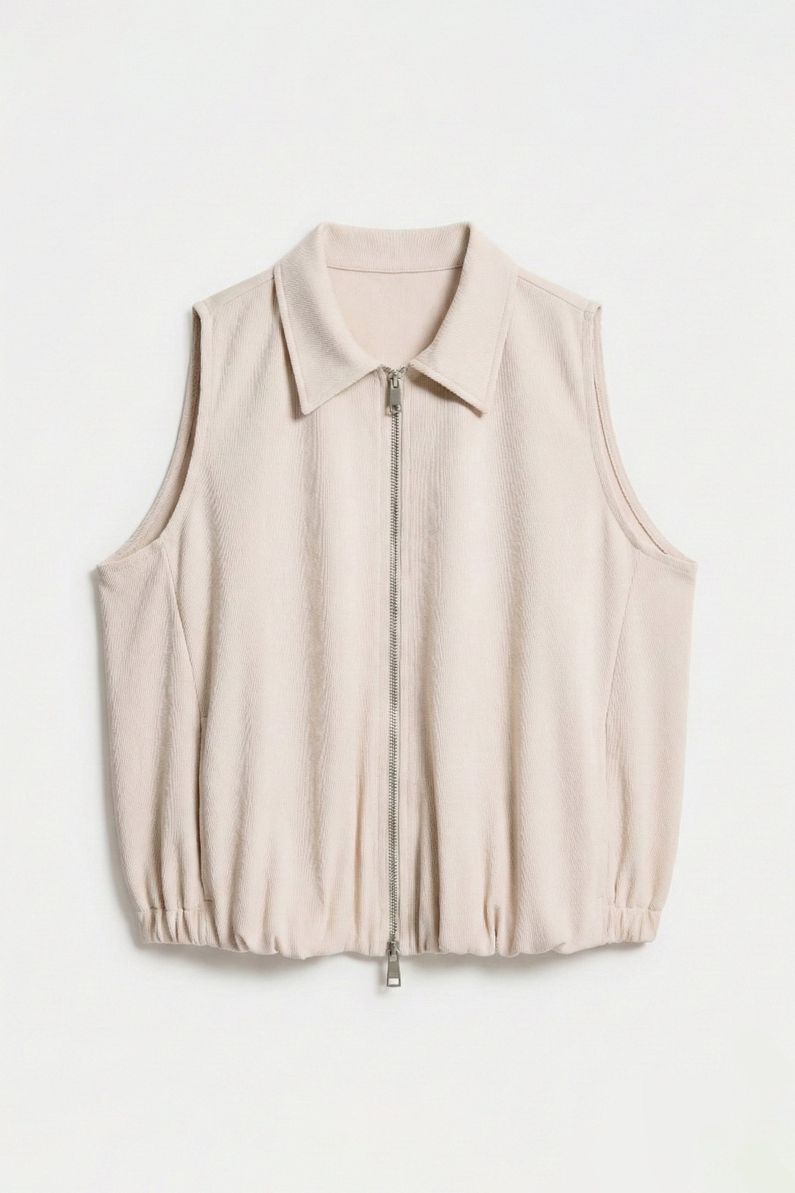 Kadın Bej Renk s6-105 Balon Kesim Fermuarlı Bol Kesim Kumaş Yelek