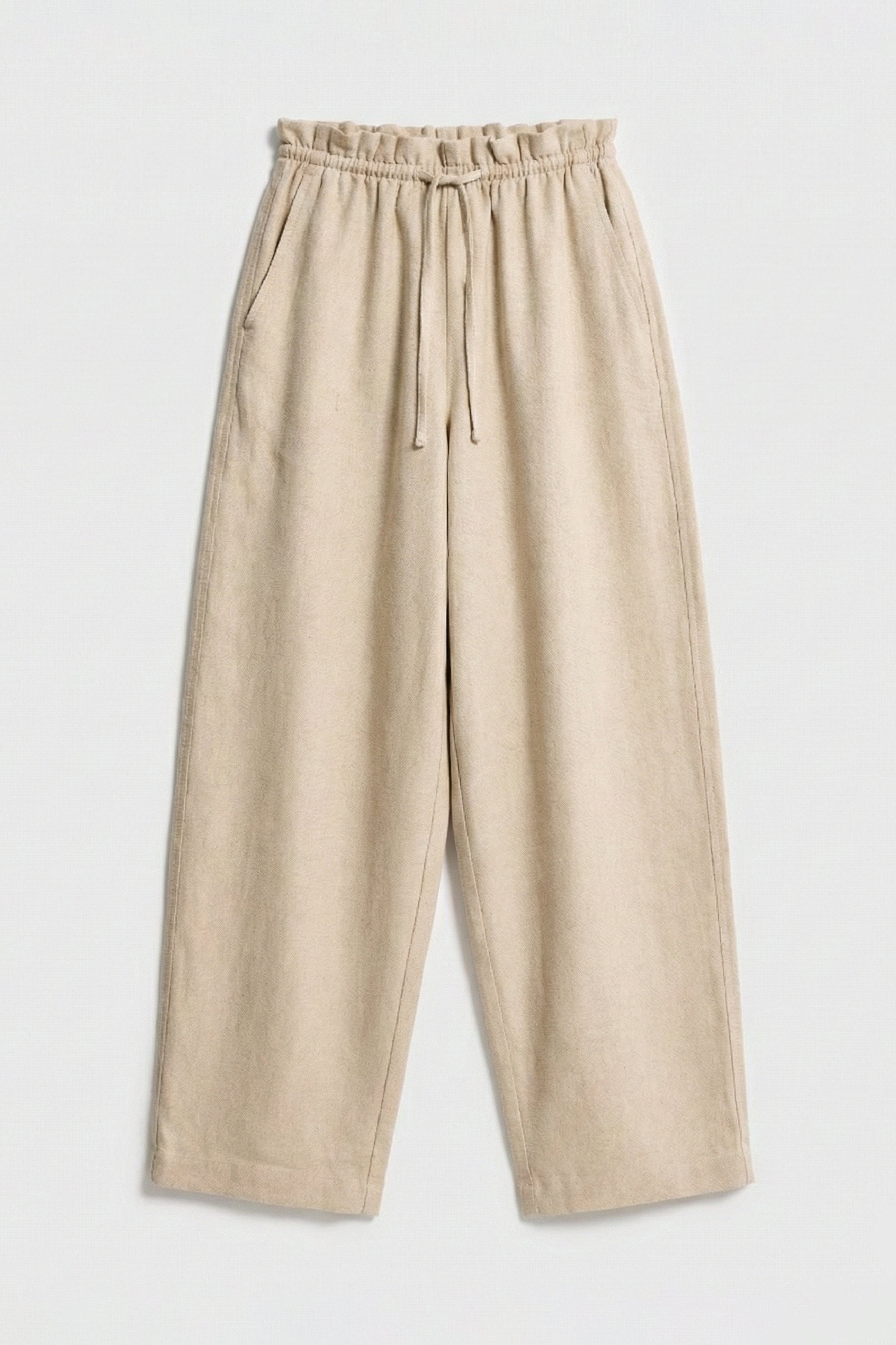 Kadın Bej Renk s6-57 Rahat Kesim Keten Kumaş Belden Lastikli Pantolon