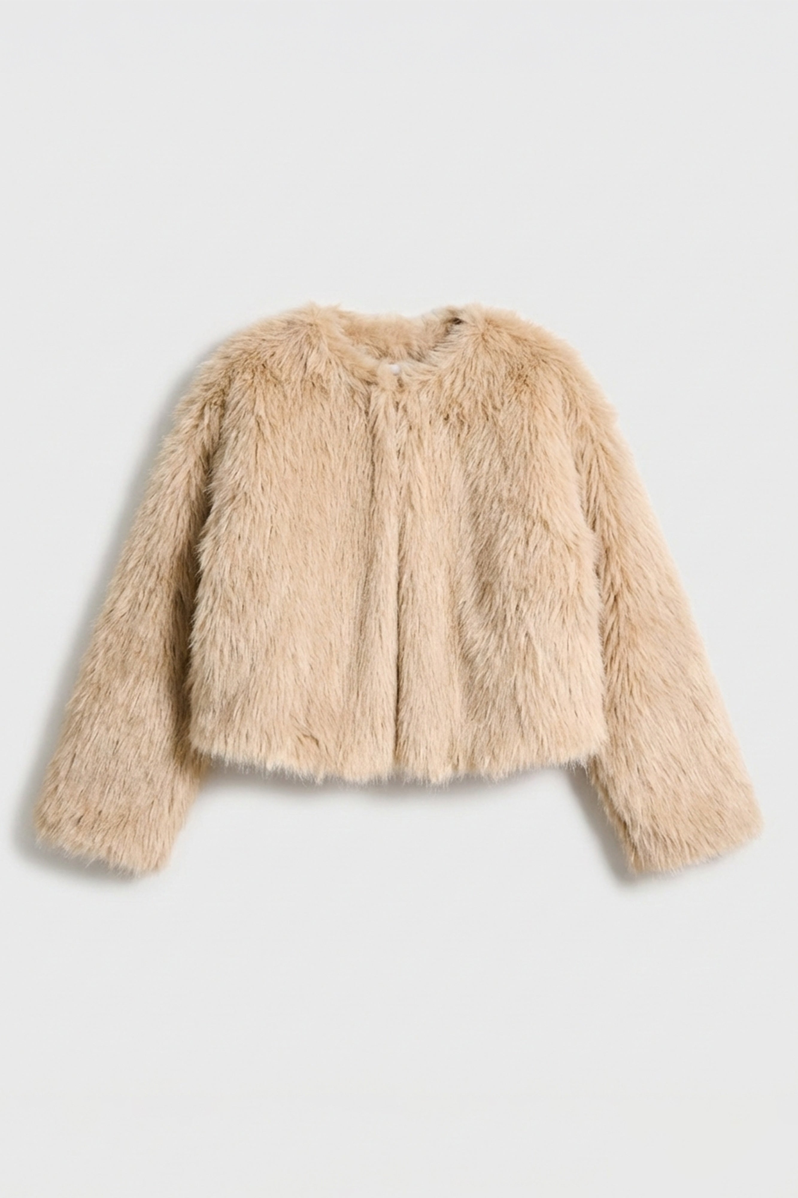 Kadın Krem Bej İçi Astarlı Crop Fit Peluşlu Kürk Mont