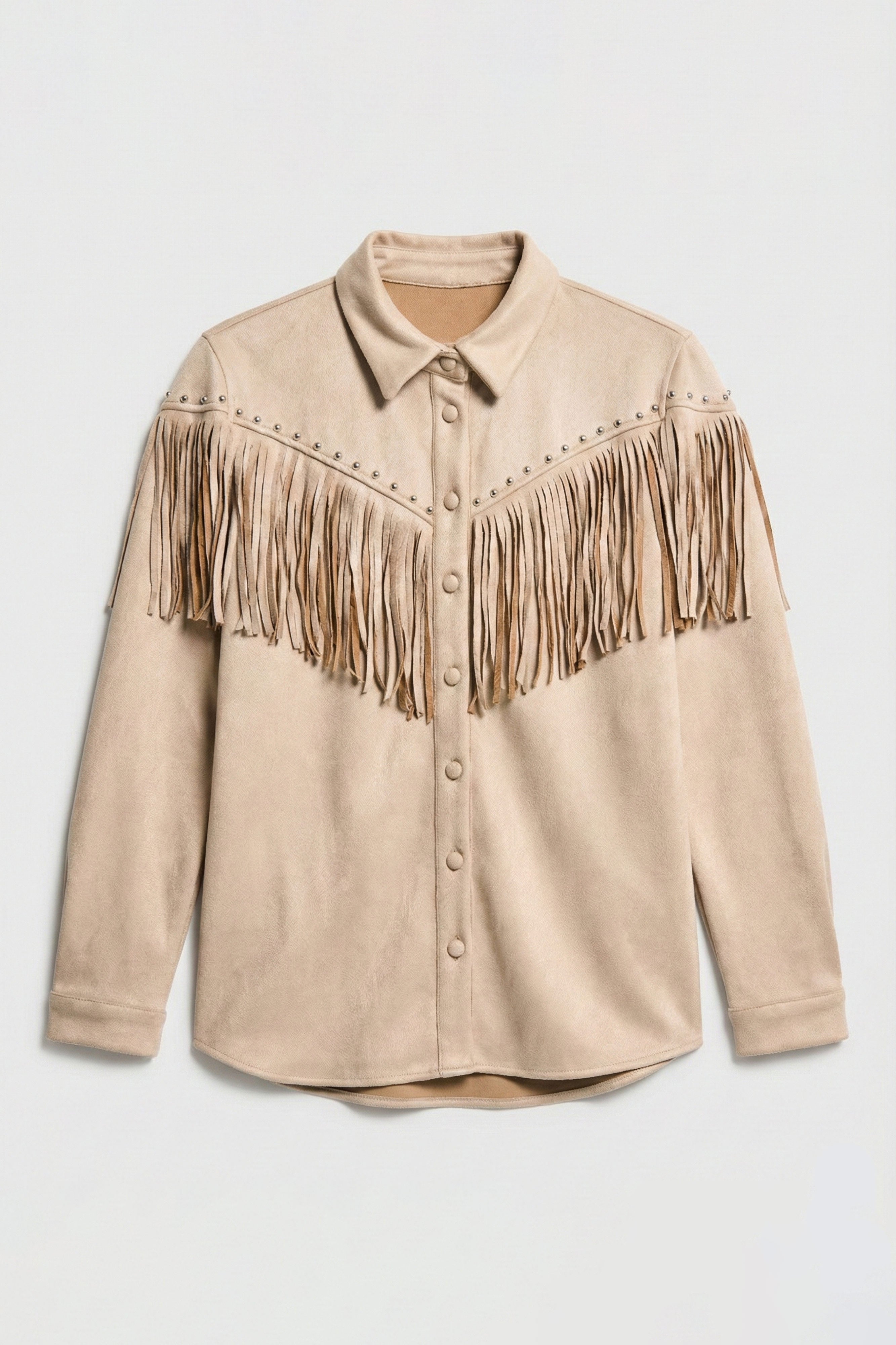 Kadın Taş Renk Süet Kumaş Püskül ve Drop Detaylı Tasarım Gömlek Ceket