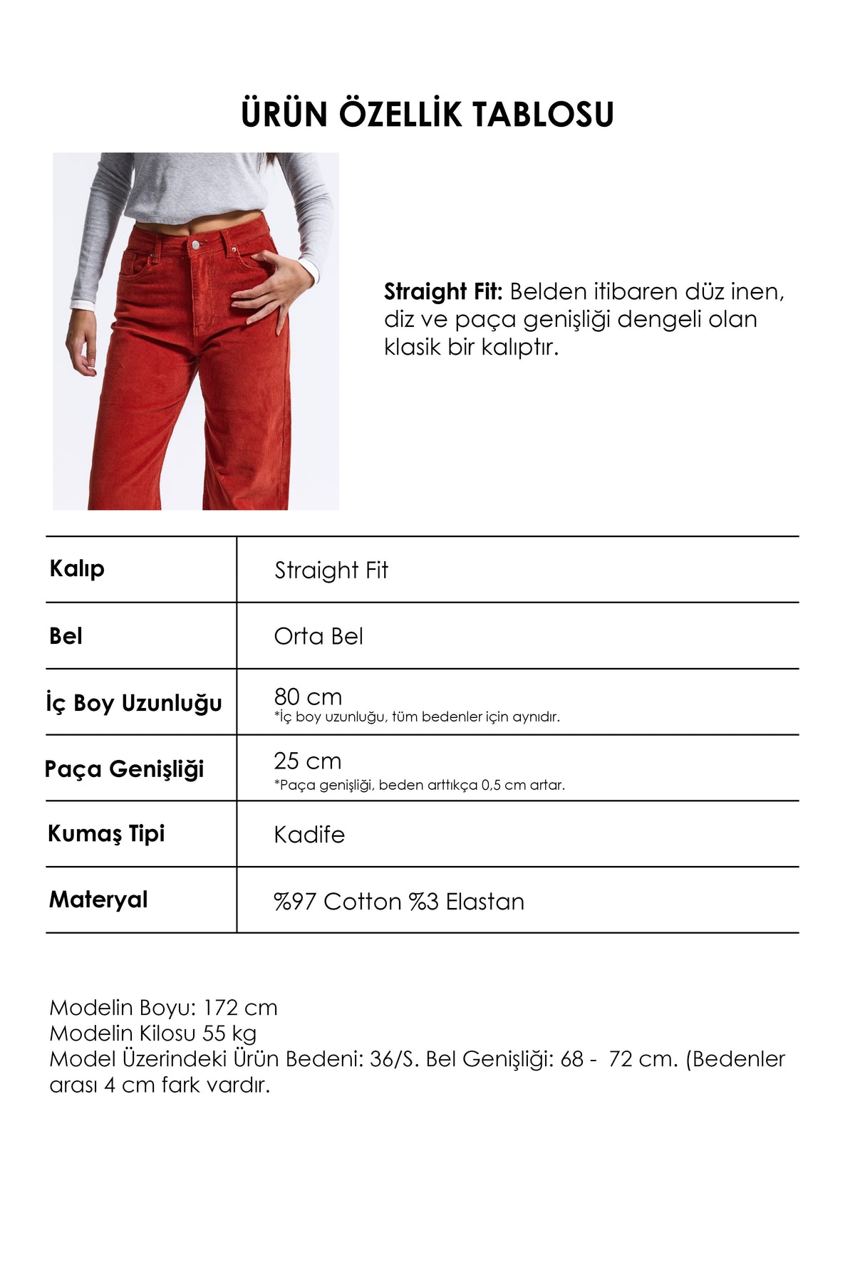 Kadın Kiremit Renk 26w5-104 İnce Fitilli Kadife Kumaş Straight Fit Pantolon