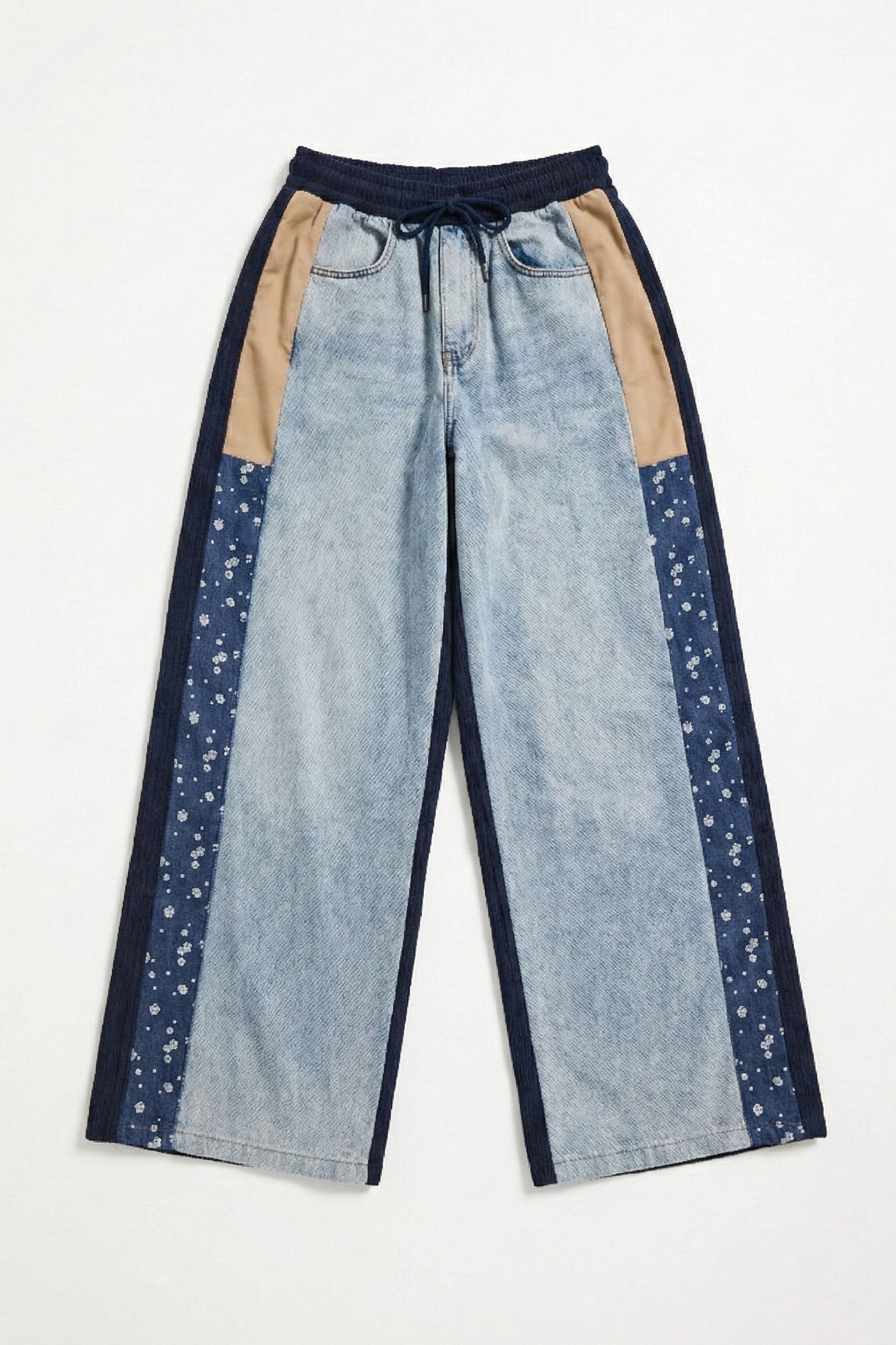 Kadın Kot Rengi Kumaş Denim Parçalı Bol Kesim Tasarım Denim Pantolon