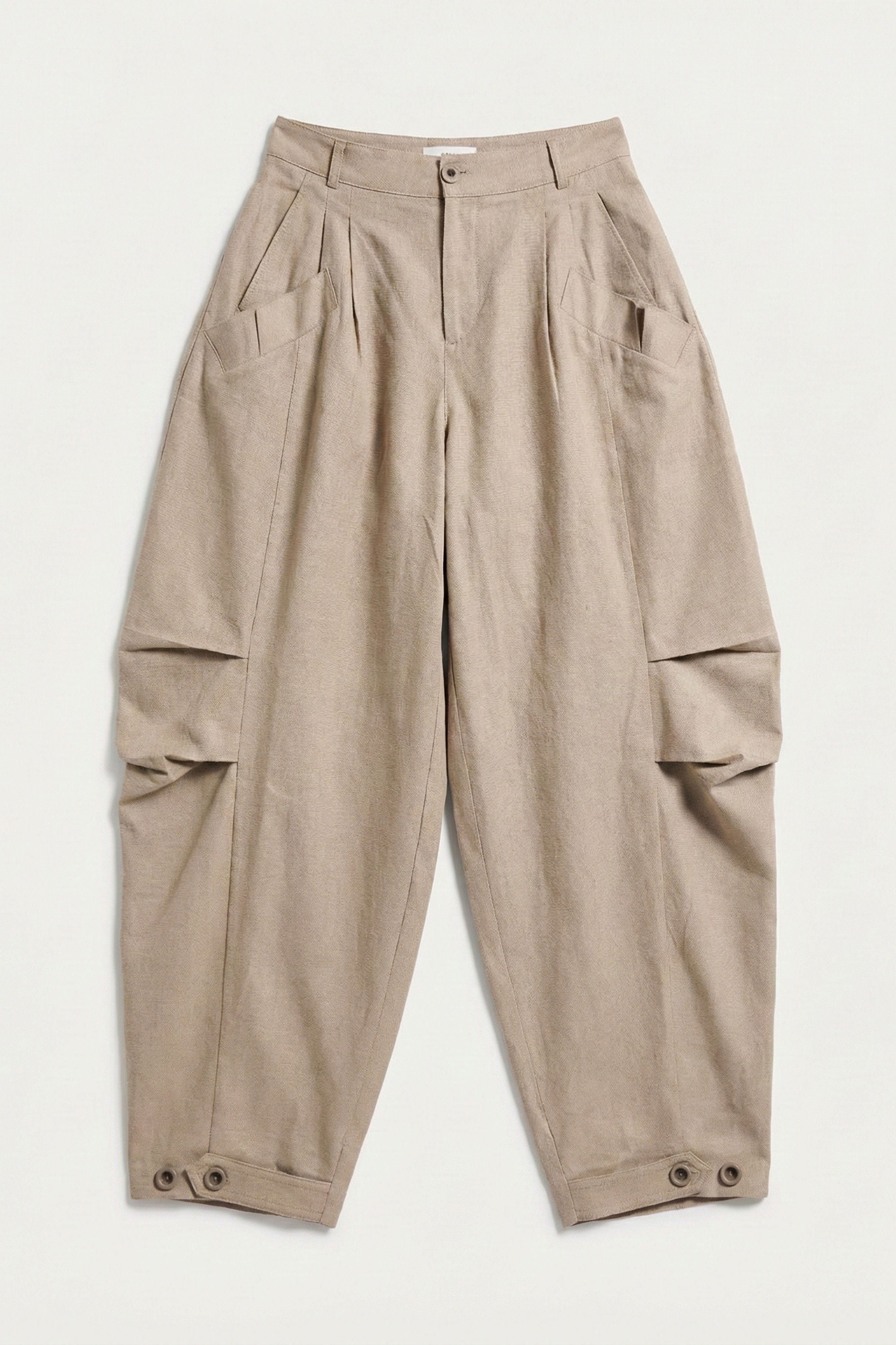 Kadın Taş Bej Renk Balon Fit Bol Kesim Organik Keten Kumaş Tasarım Pantolon