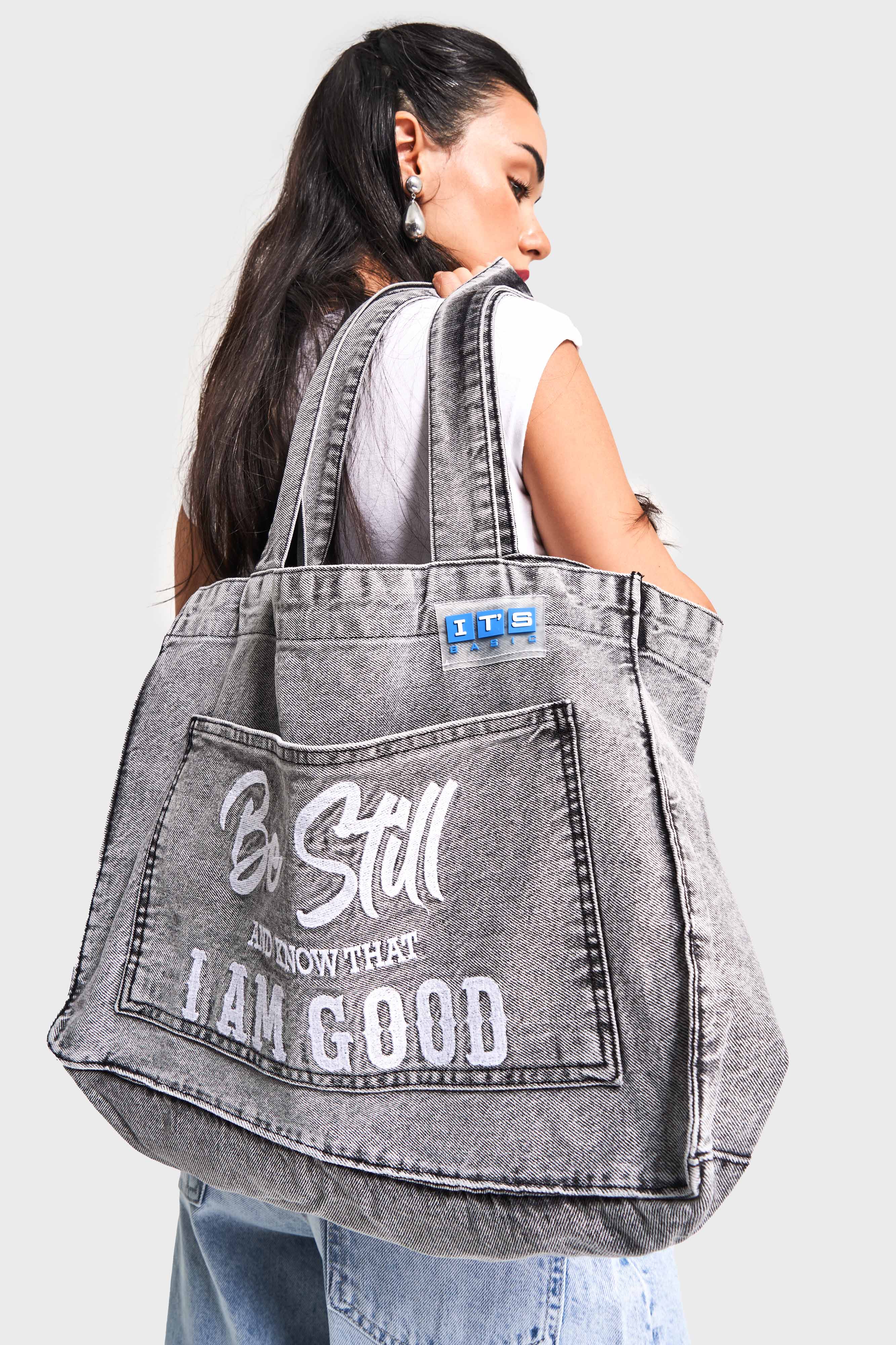 Dark Denim Colored Gusseted Two Pocket Denim Bag with Straps