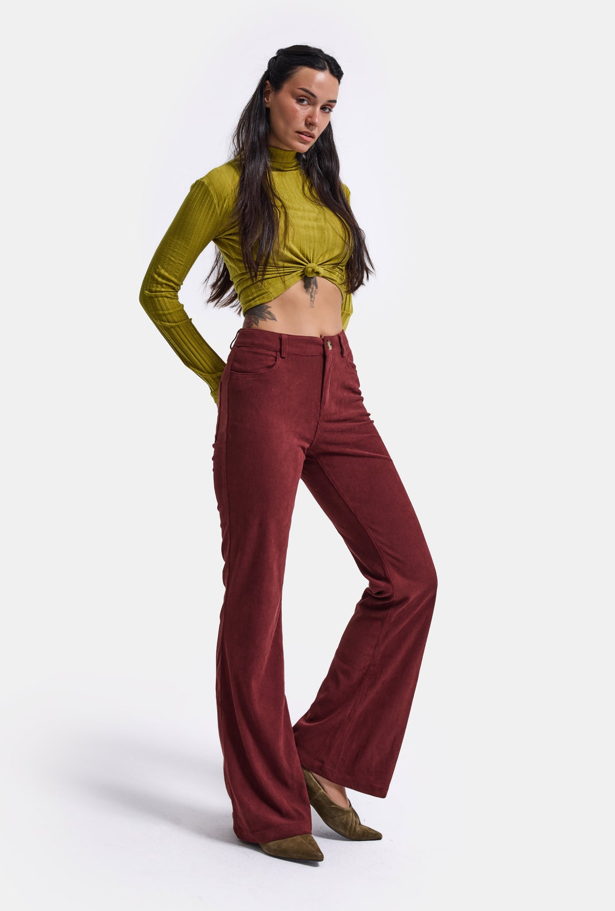 Kadın Bordo Flare Fit Velvet Kadife Kumaş Pantolon