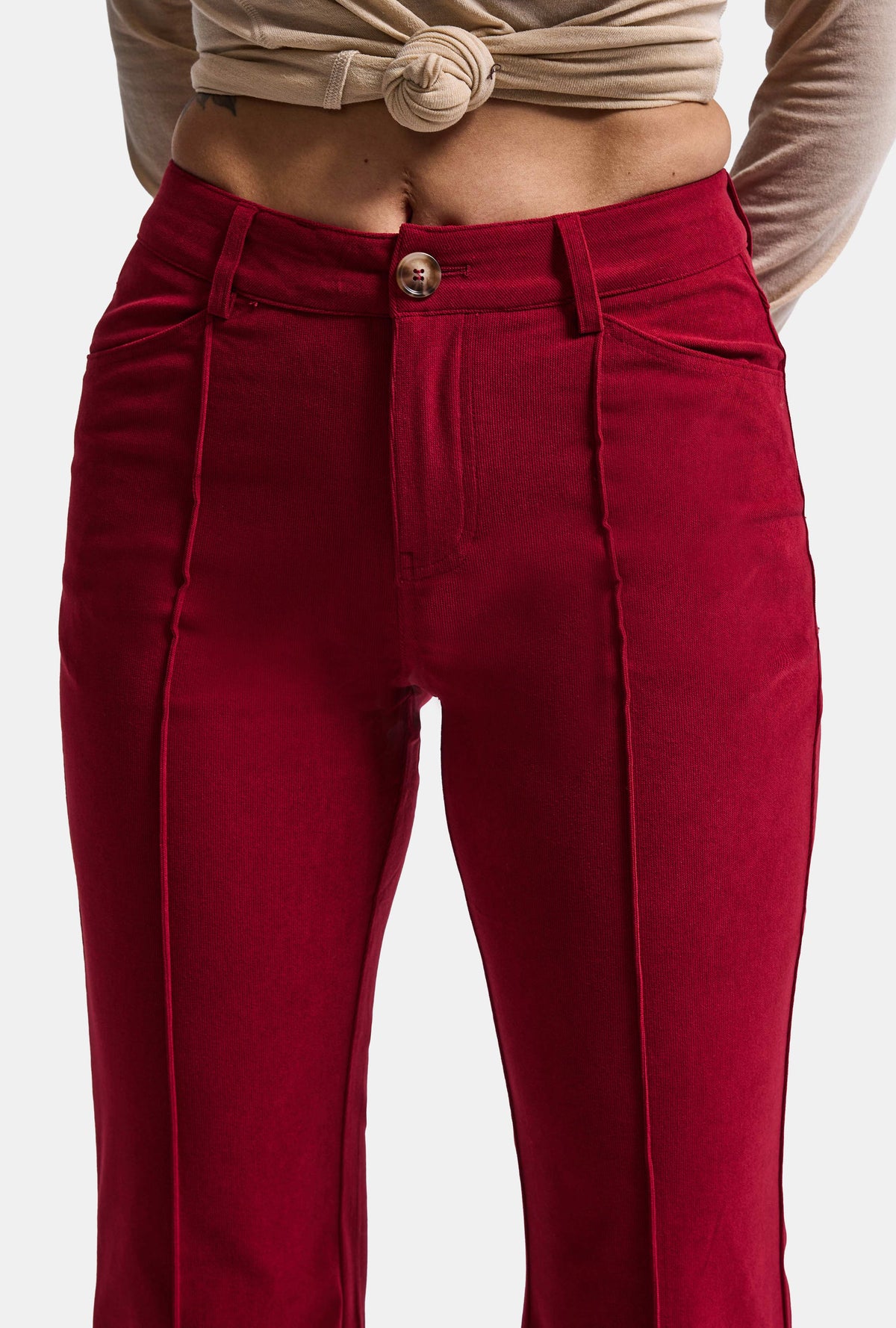 Kadın Bordo Flare Fit Pürüzsüz Dokulu Esnek Velvet Kadife Kumaş Pantolon