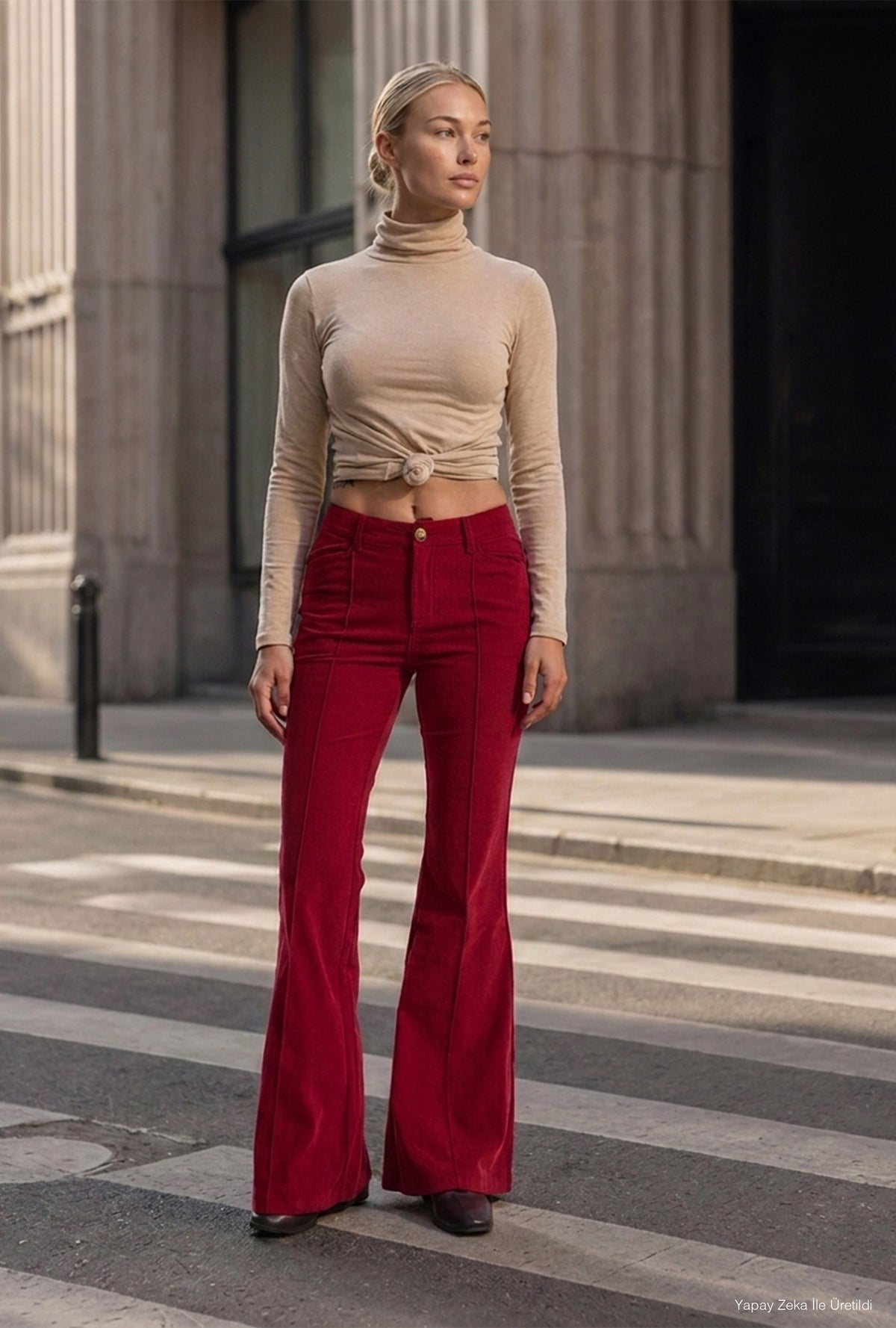 Kadın Bordo Flare Fit Pürüzsüz Dokulu Esnek Velvet Kadife Kumaş Pantolon