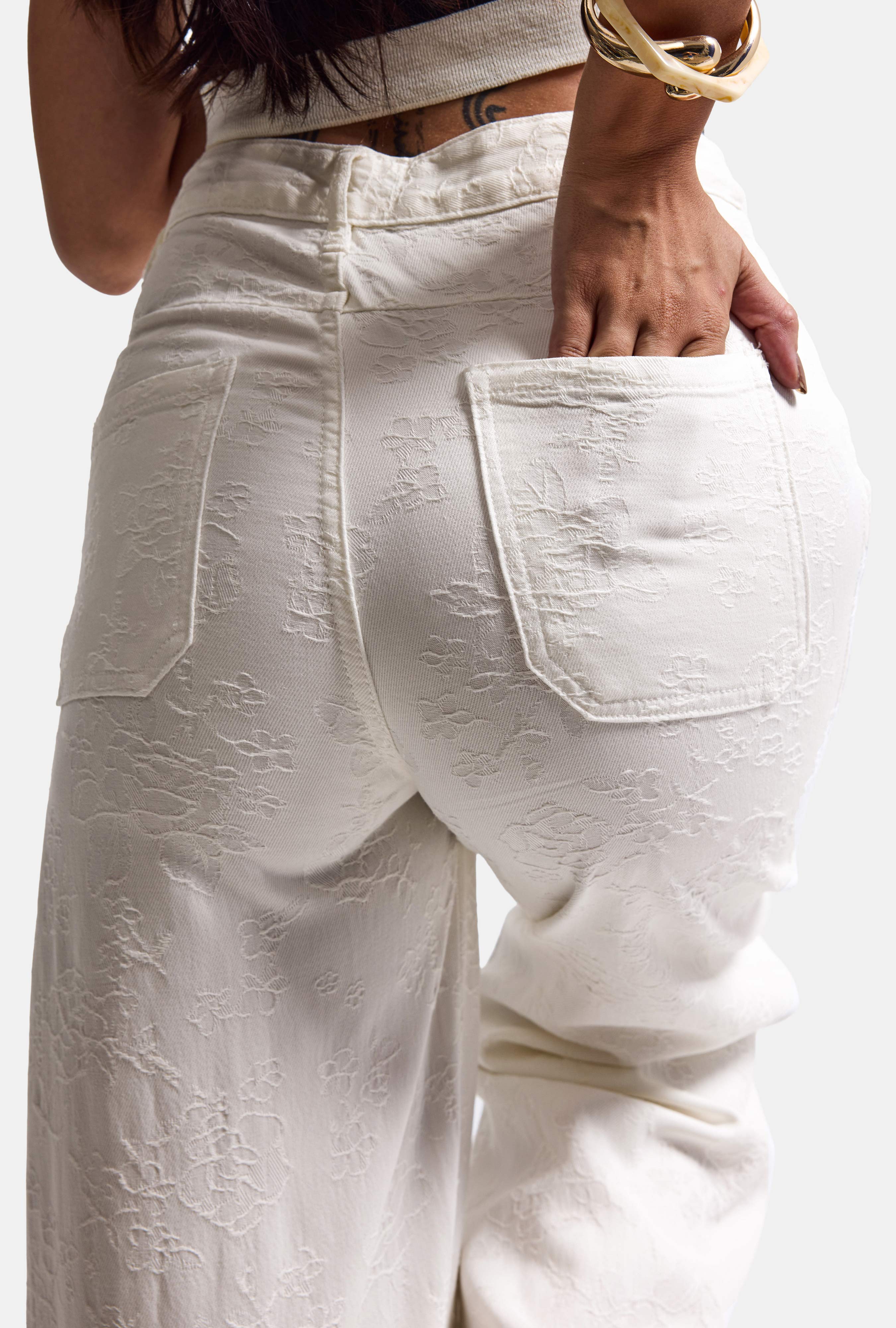 Kadın Beyaz Palazzo Fit T16T Özel Desenli Kumaş Tasarım Denim Jean
