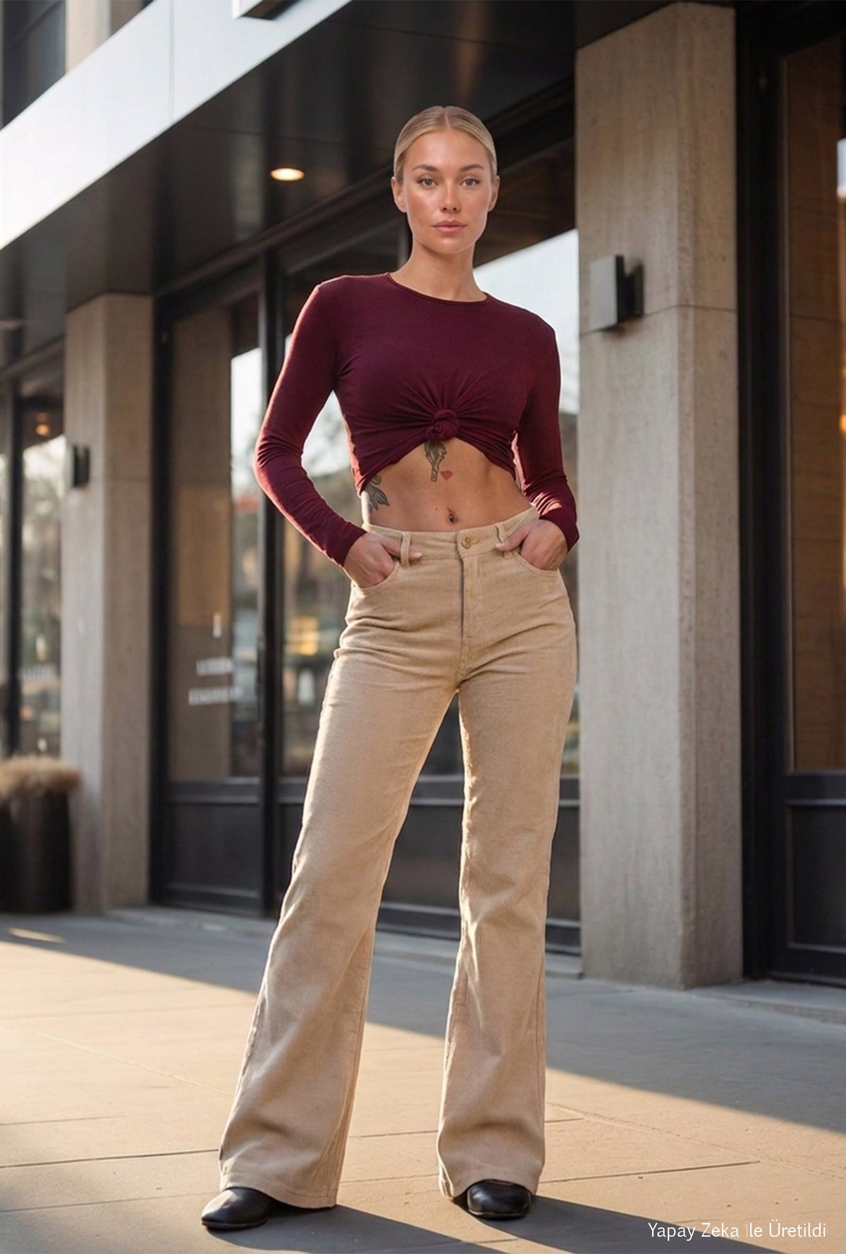 Kadın Bej Flare Fit Velvet Kadife Kumaş Pantolon