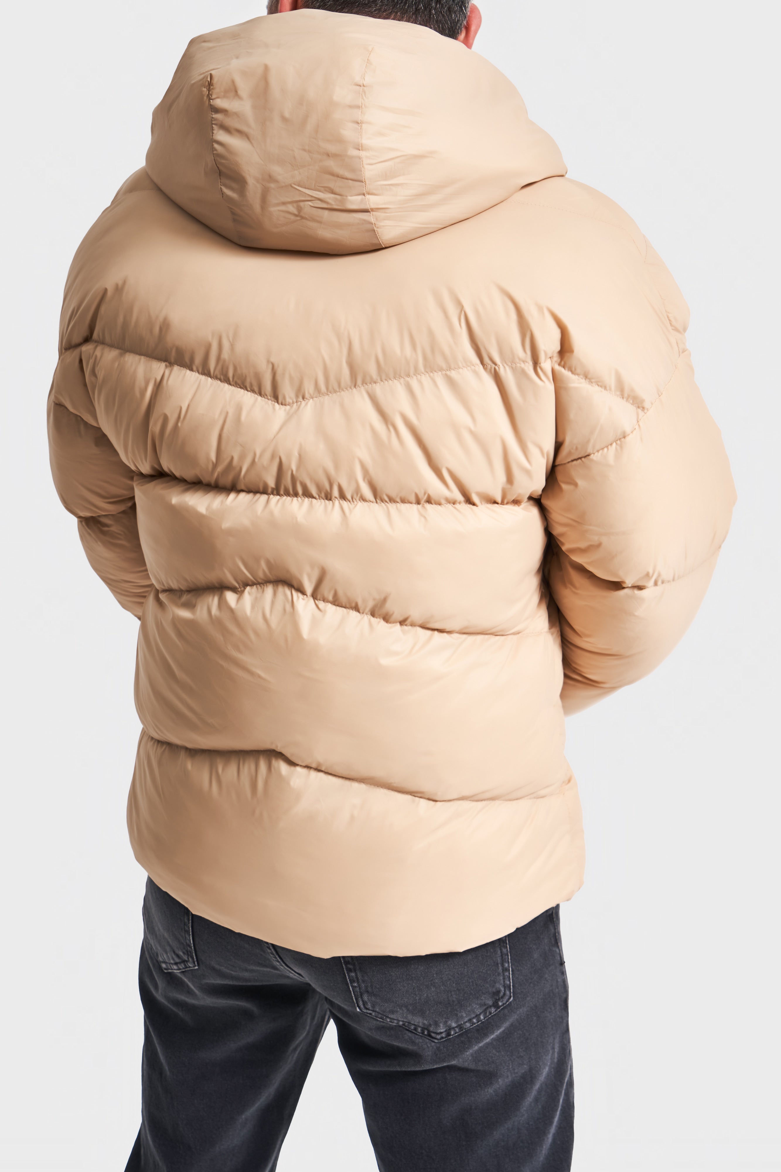Men's Beige Color Hooded Puffer Jacket