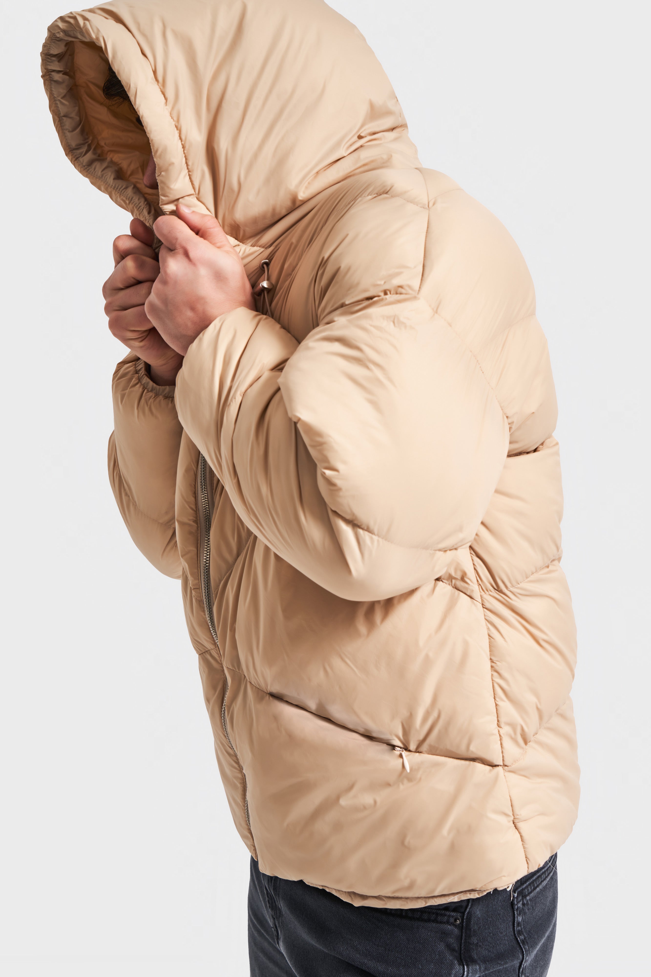 Men's Beige Color Hooded Puffer Jacket