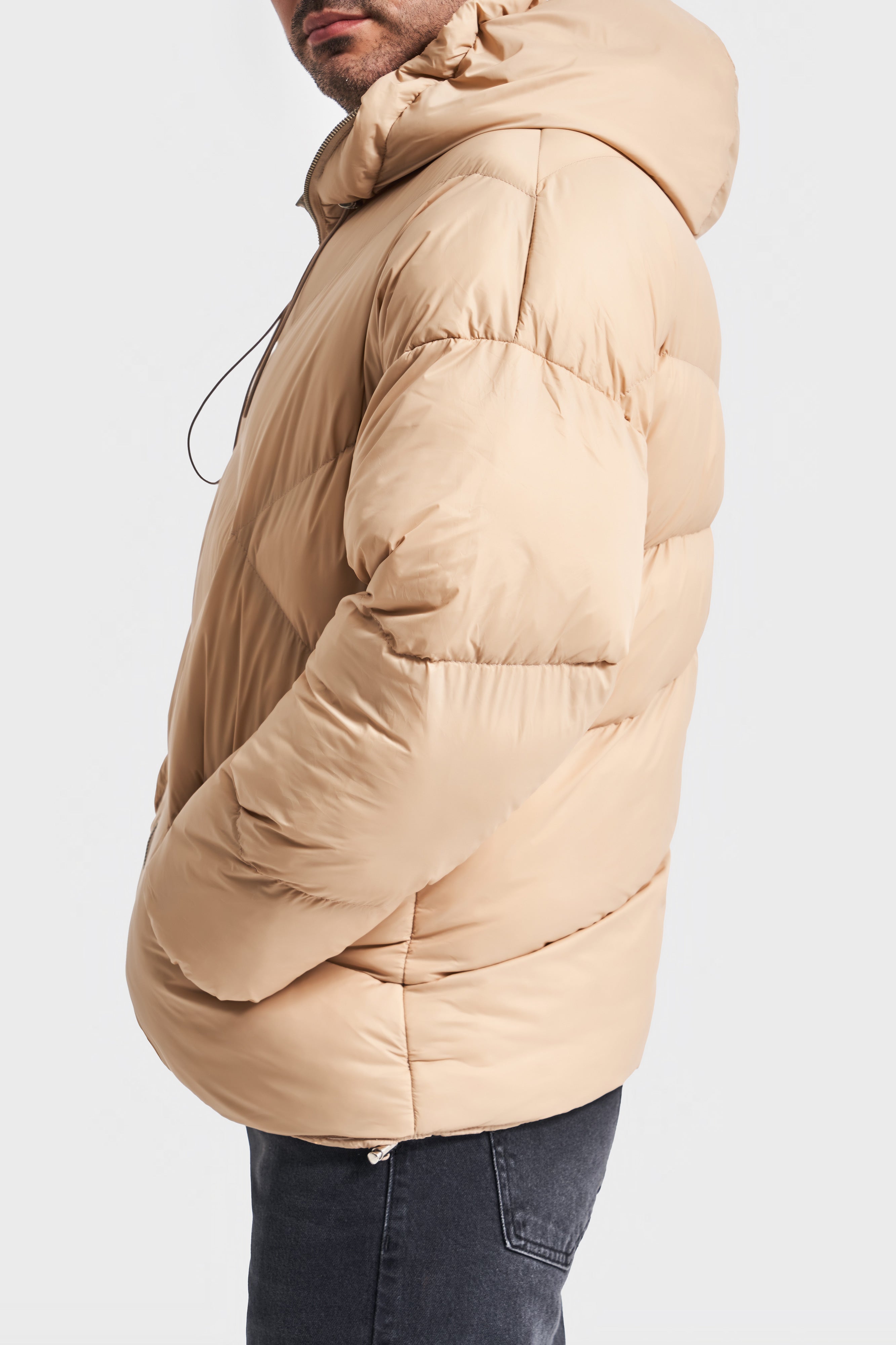 Men's Beige Color Hooded Puffer Jacket