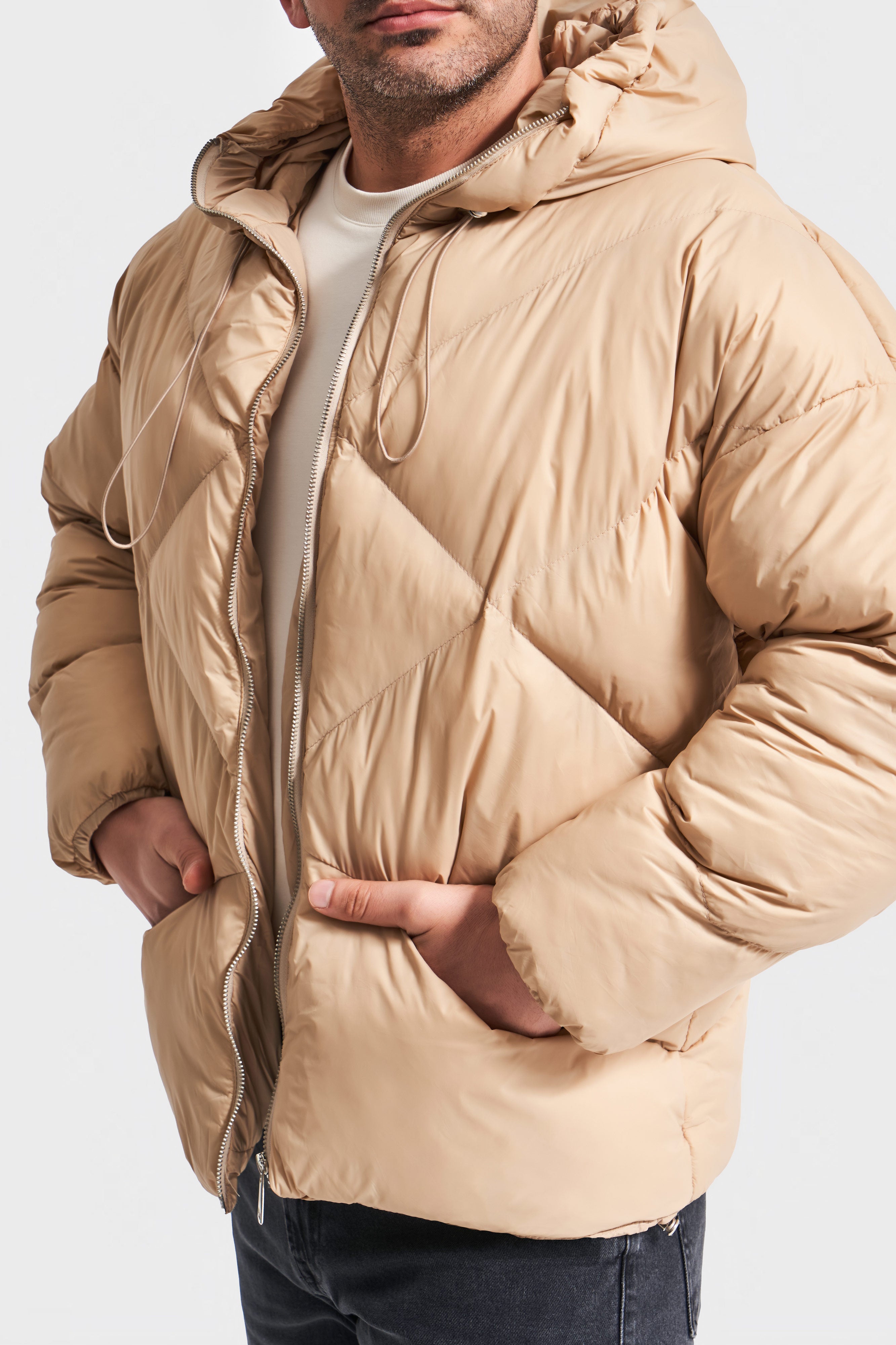 Men's Beige Color Hooded Puffer Jacket