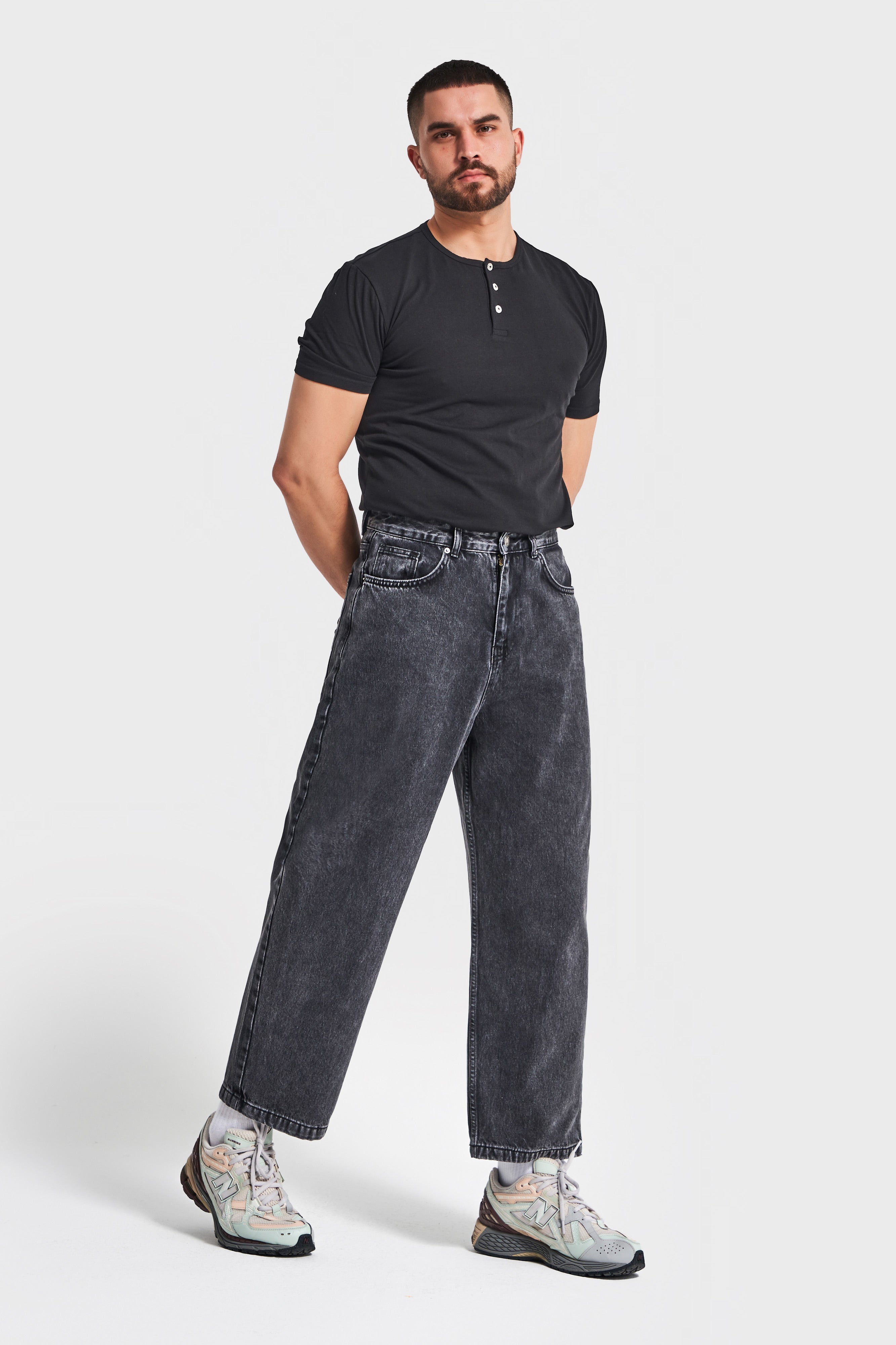 Erkek Füme Renk 3w5-14 Loose Baggy Fit Bol Kesim Cep Nakış Detaylı Denim Jean