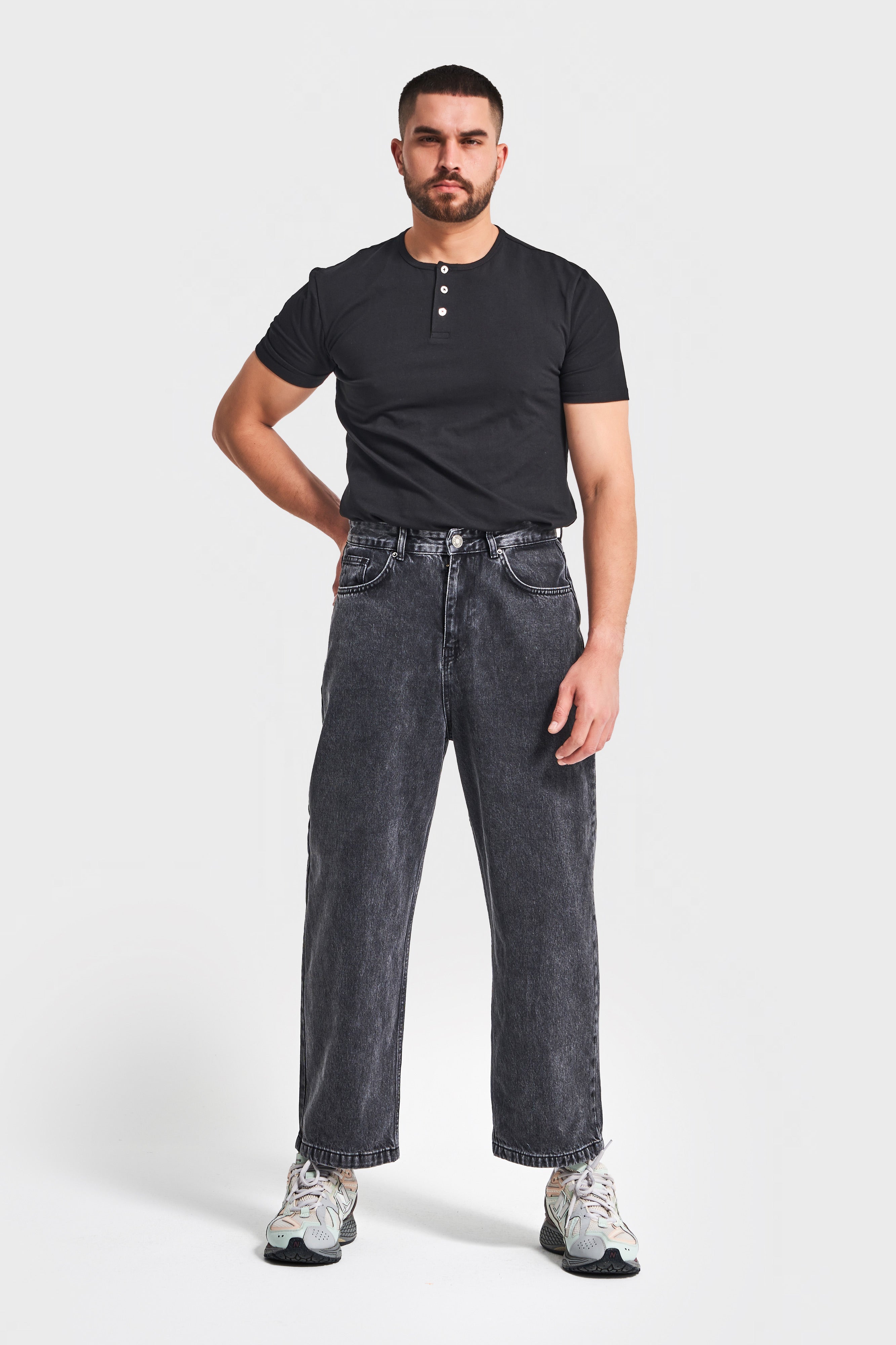 Erkek Füme Renk 3w5-14 Loose Baggy Fit Bol Kesim Cep Nakış Detaylı Denim Jean