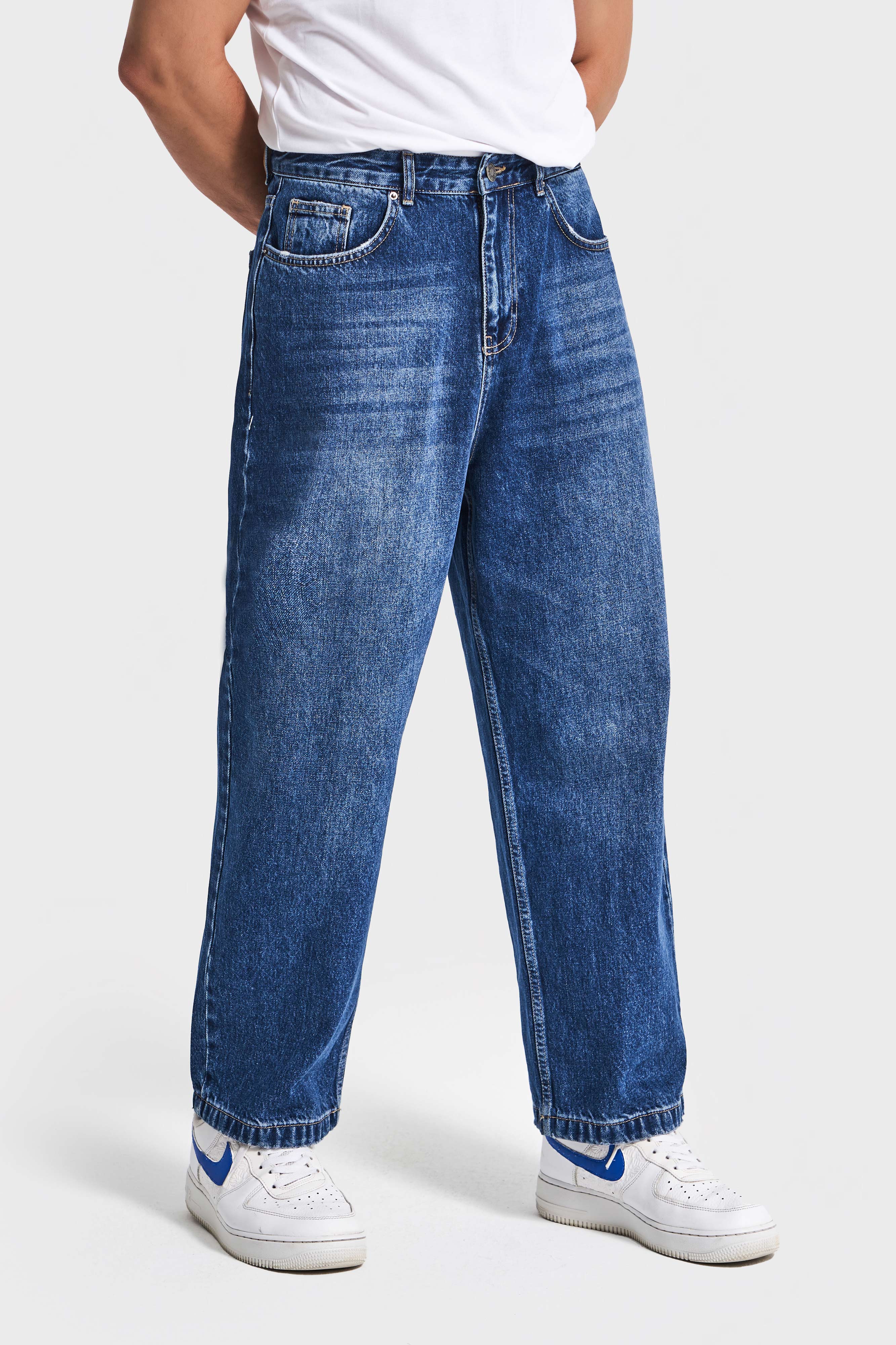 Erkek Koyu Mavi Renk 3w5-5 Loose Baggy Fit Bol Kesim Cep Nakış Detaylı Denim Jean