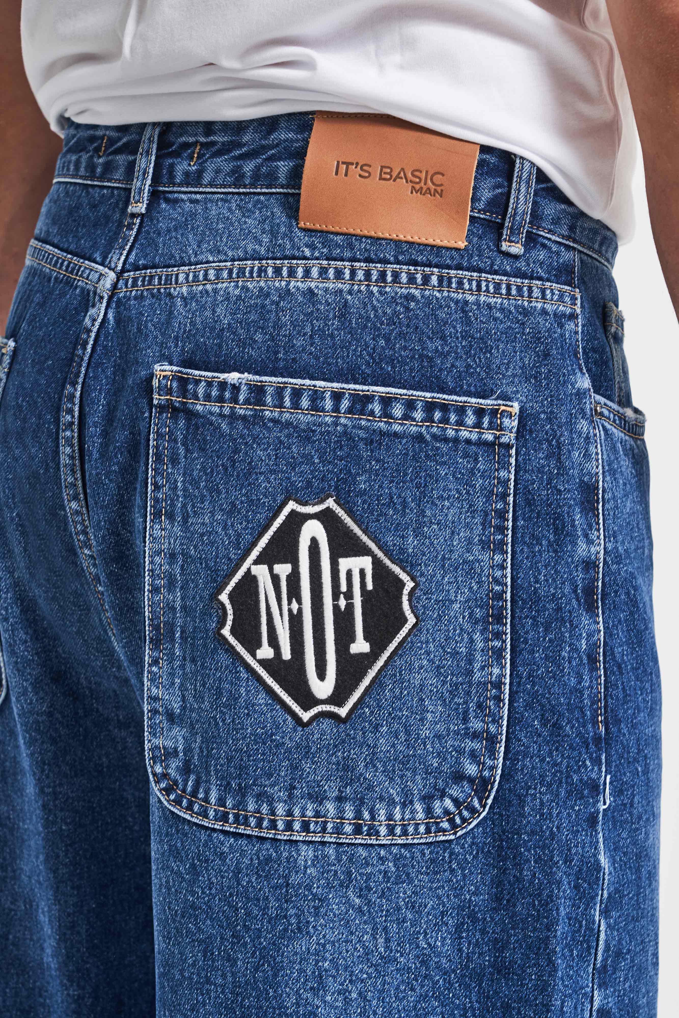 Erkek Koyu Mavi Renk 3w5-5 Loose Baggy Fit Bol Kesim Cep Nakış Detaylı Denim Jean