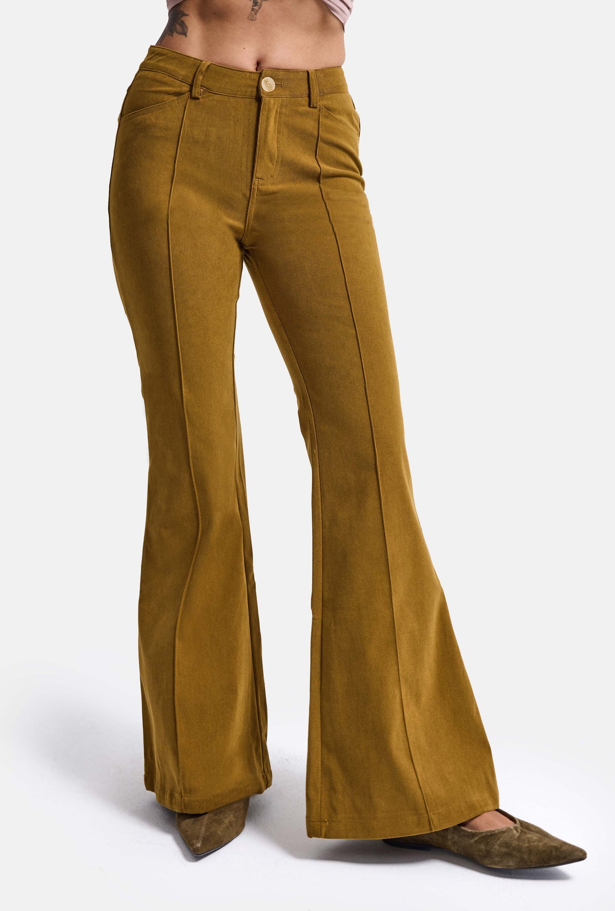 Kadın Yağ Yeşili Flare Fit Pürüzsüz Dokulu Esnek Velvet Kadife Kumaş Pantolon