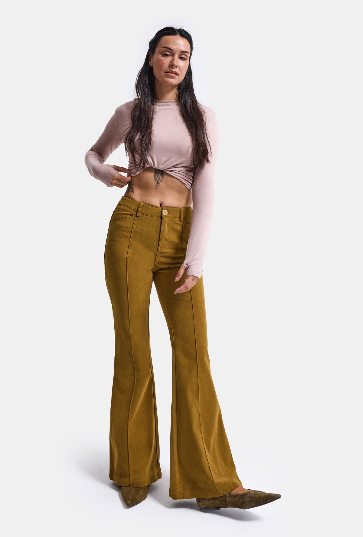 Kadın Yağ Yeşili Flare Fit Pürüzsüz Dokulu Esnek Velvet Kadife Kumaş Pantolon