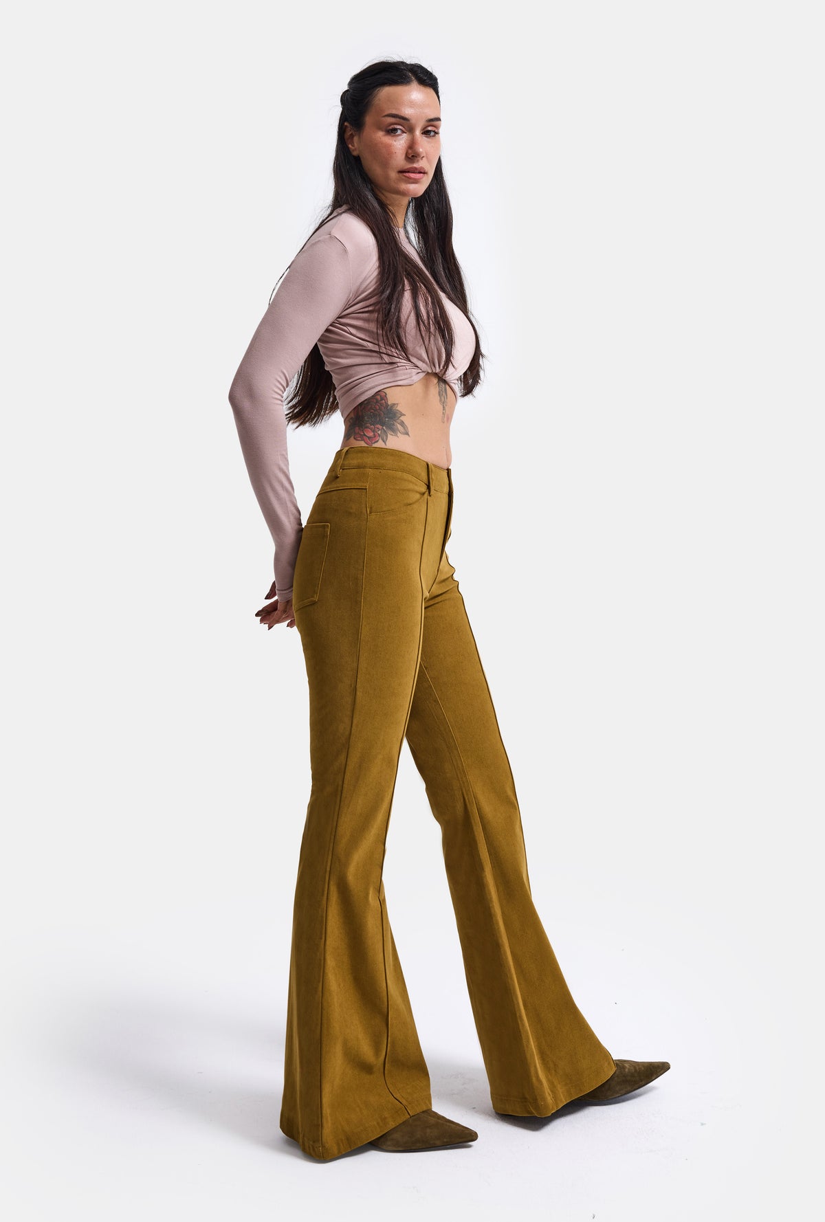 Kadın Yağ Yeşili Flare Fit Pürüzsüz Dokulu Esnek Velvet Kadife Kumaş Pantolon