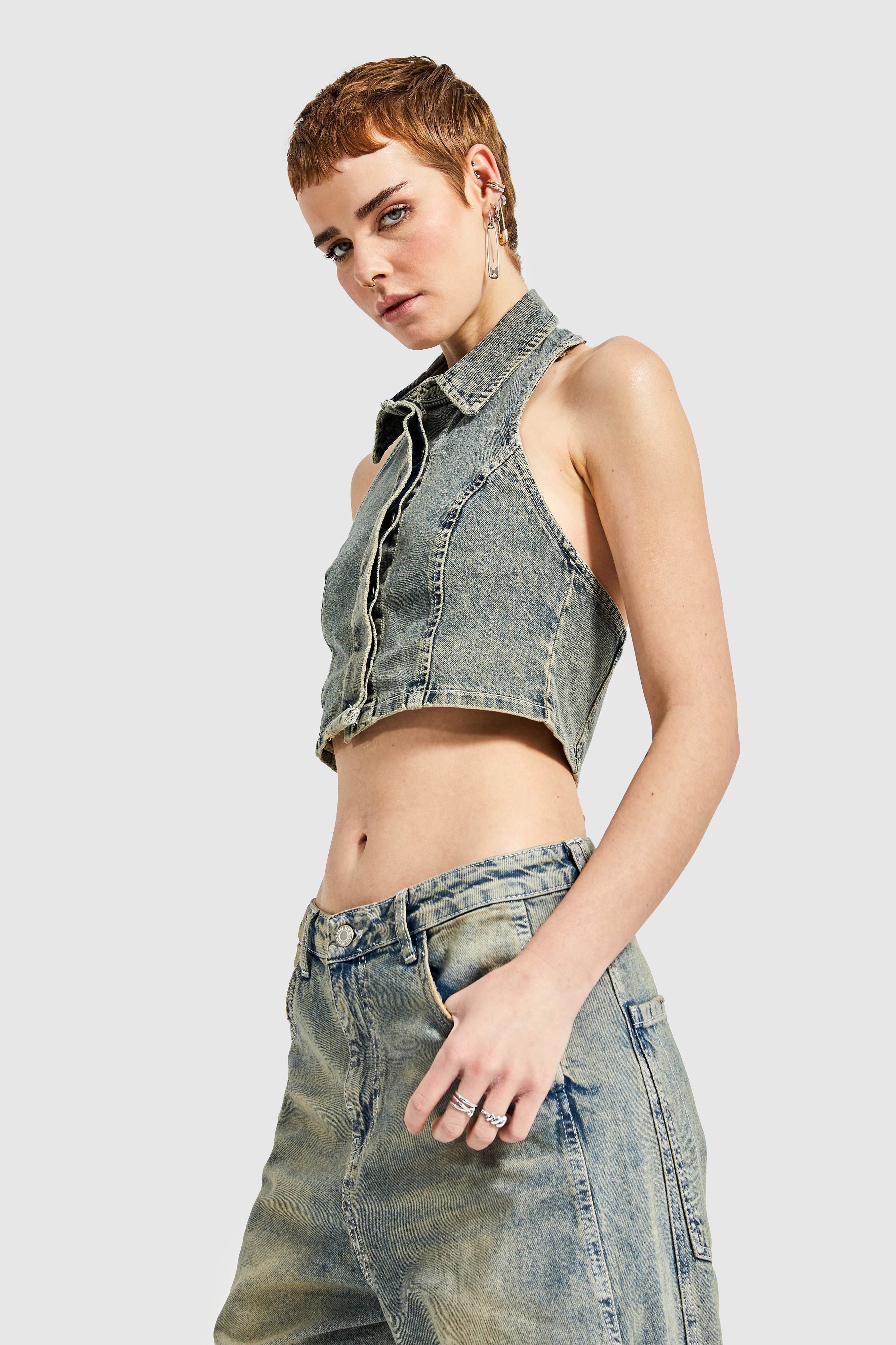 Women's Denim Tint Color Front Button Crop Denim Vest