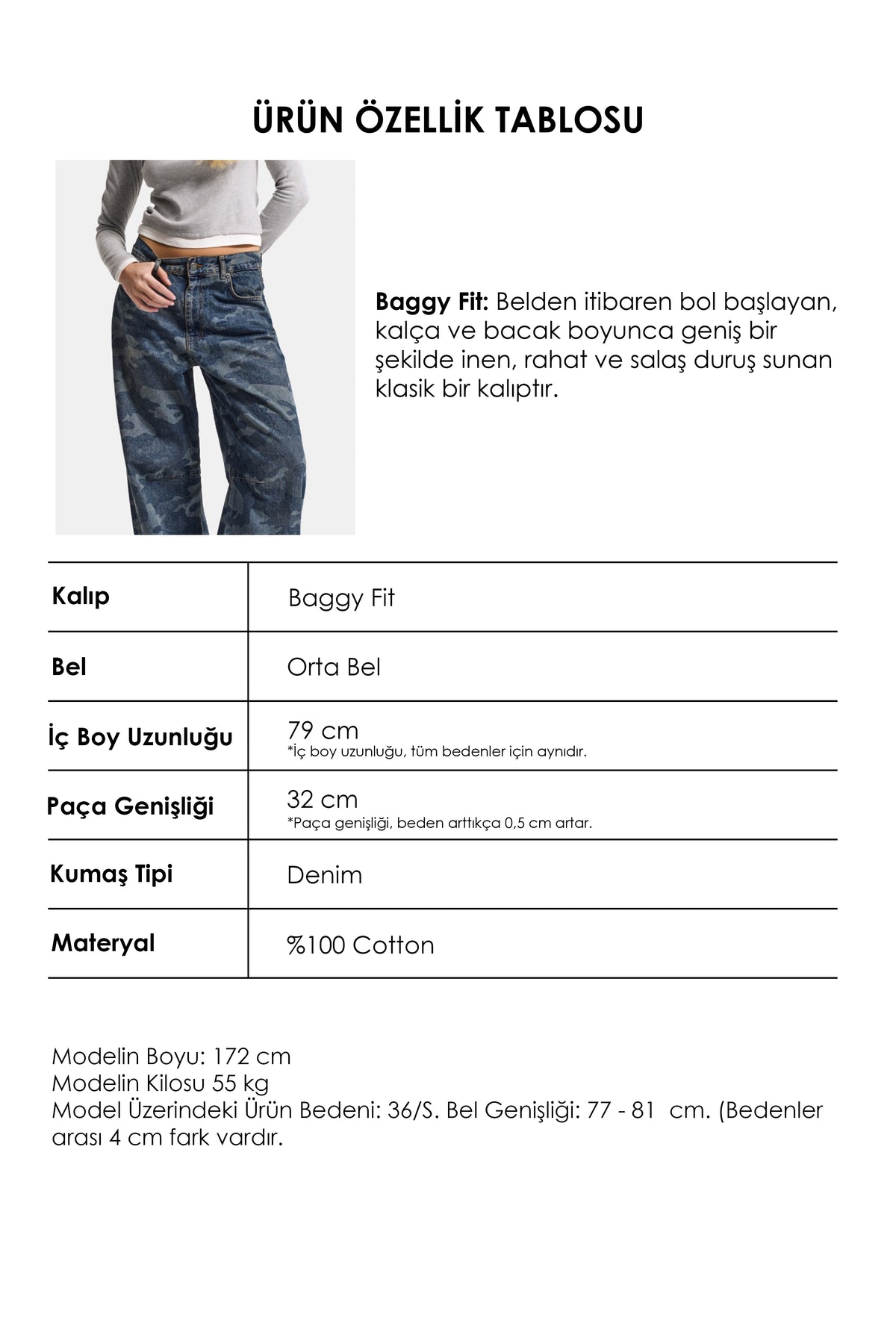 Kadın 10w6-6 Baggy Fit Özel Kamuflaj Desen Tasarım Denim Jean