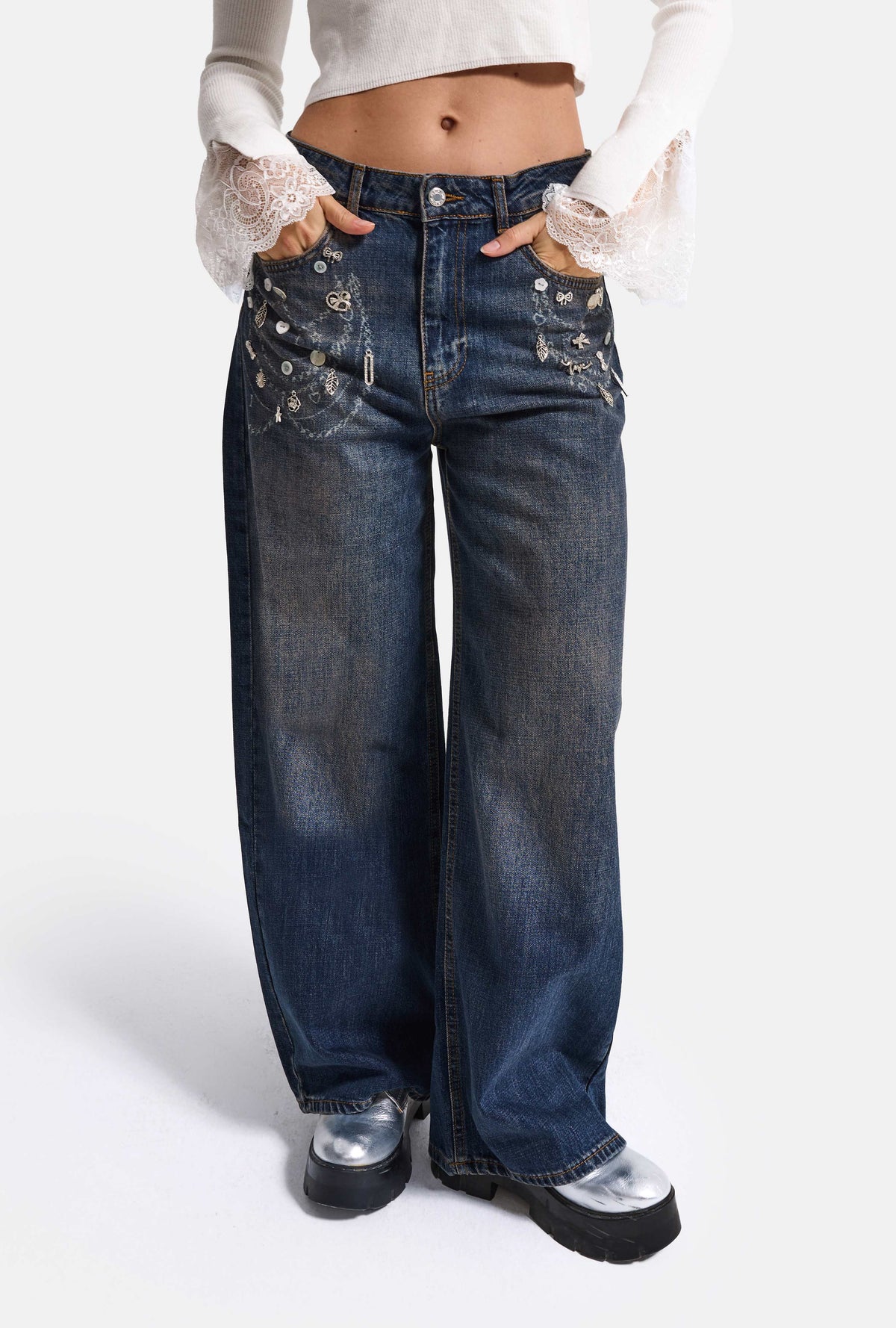 Kadın 10w6-9 Mega Baggy Aksesuar Detaylı Tasarım Denim Jean