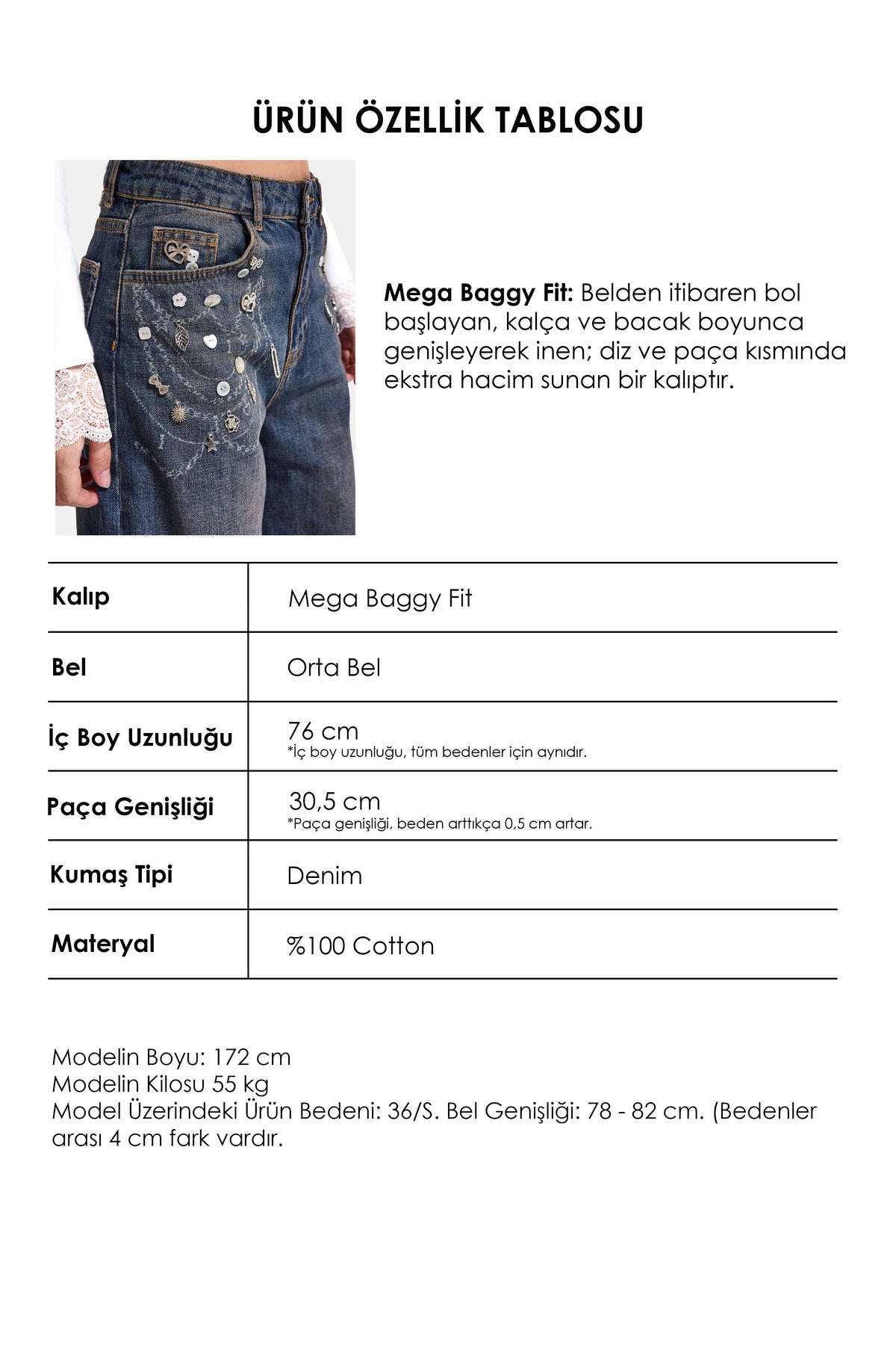 Kadın 10w6-9 Mega Baggy Aksesuar Detaylı Tasarım Denim Jean