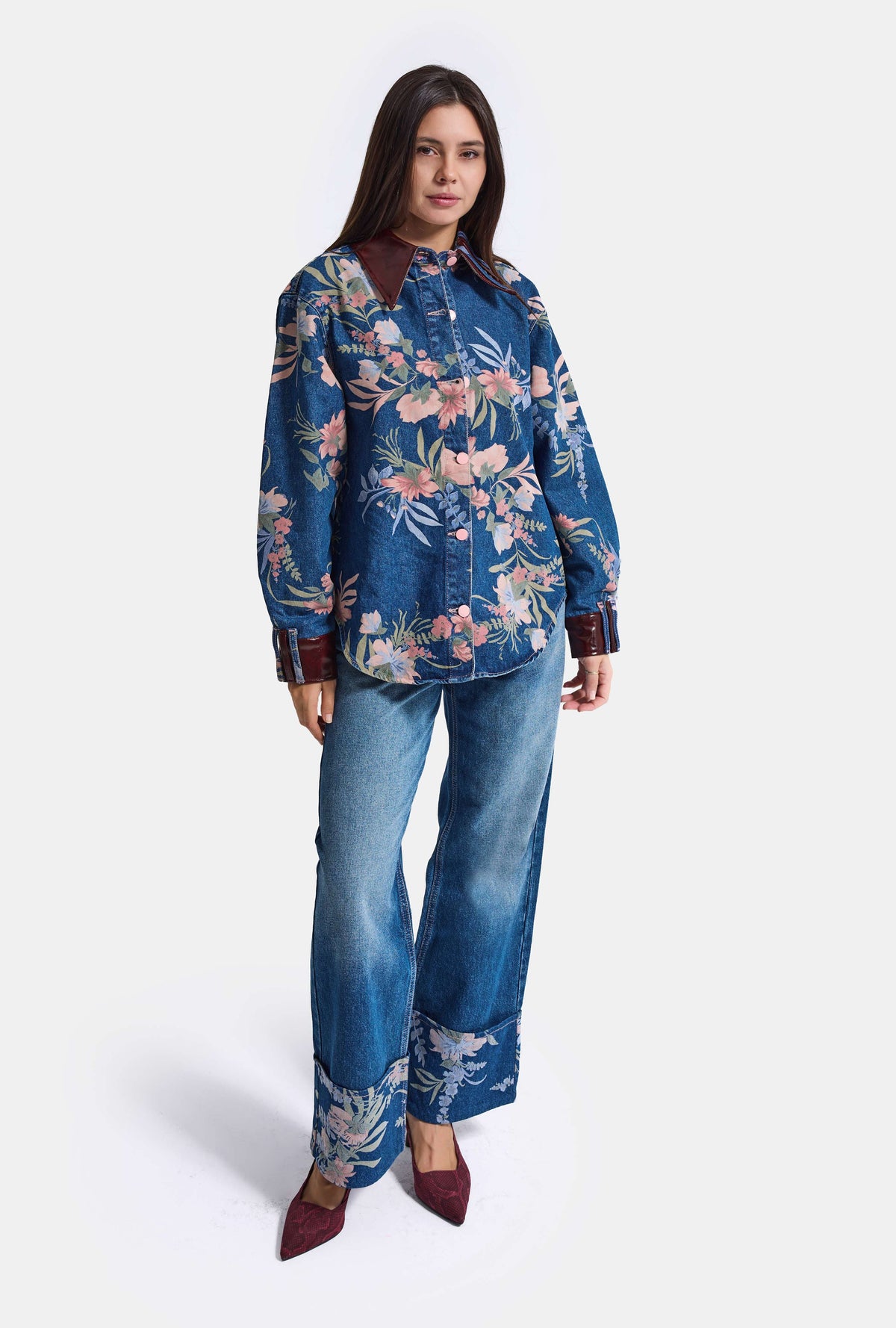 Kadın 1w6-4 Oversize Çiçek baskılı Deri Detaylı Özel tasarım Denim Ceket Gömlek