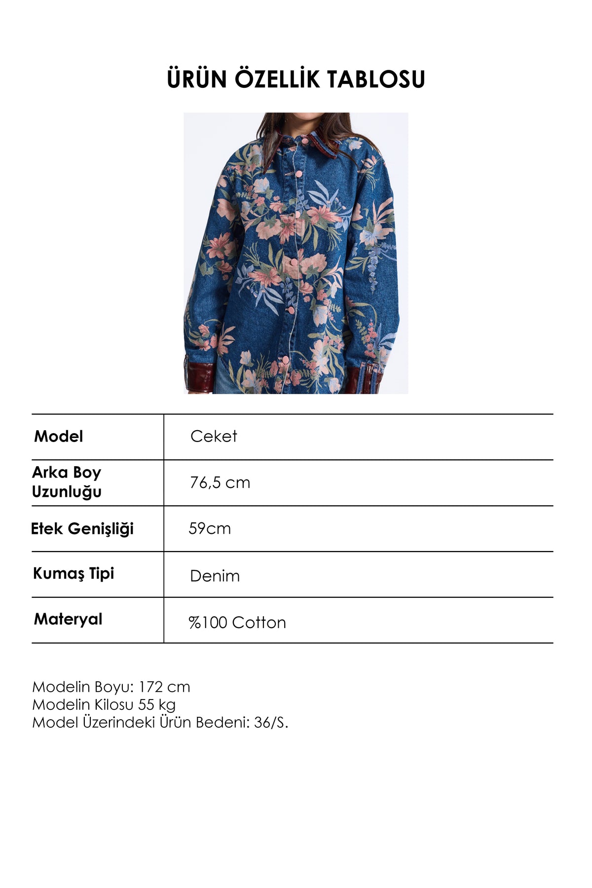 Kadın 1w6-4 Oversize Çiçek baskılı Deri Detaylı Özel tasarım Denim Ceket Gömlek
