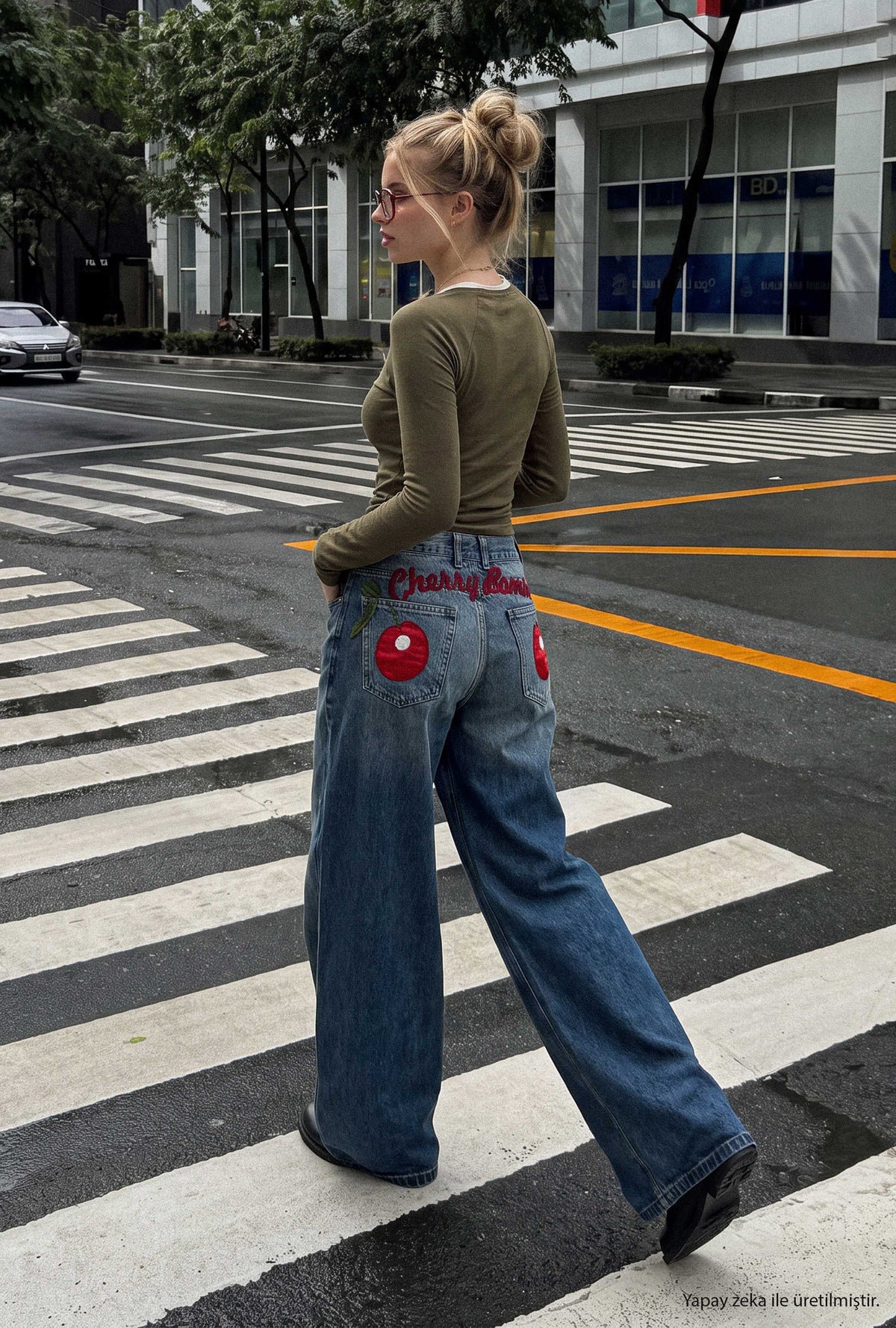 Kadın 2w6-11 Palazzo Fit Cherry Nakış Detaylı Tasarım Denim Jean