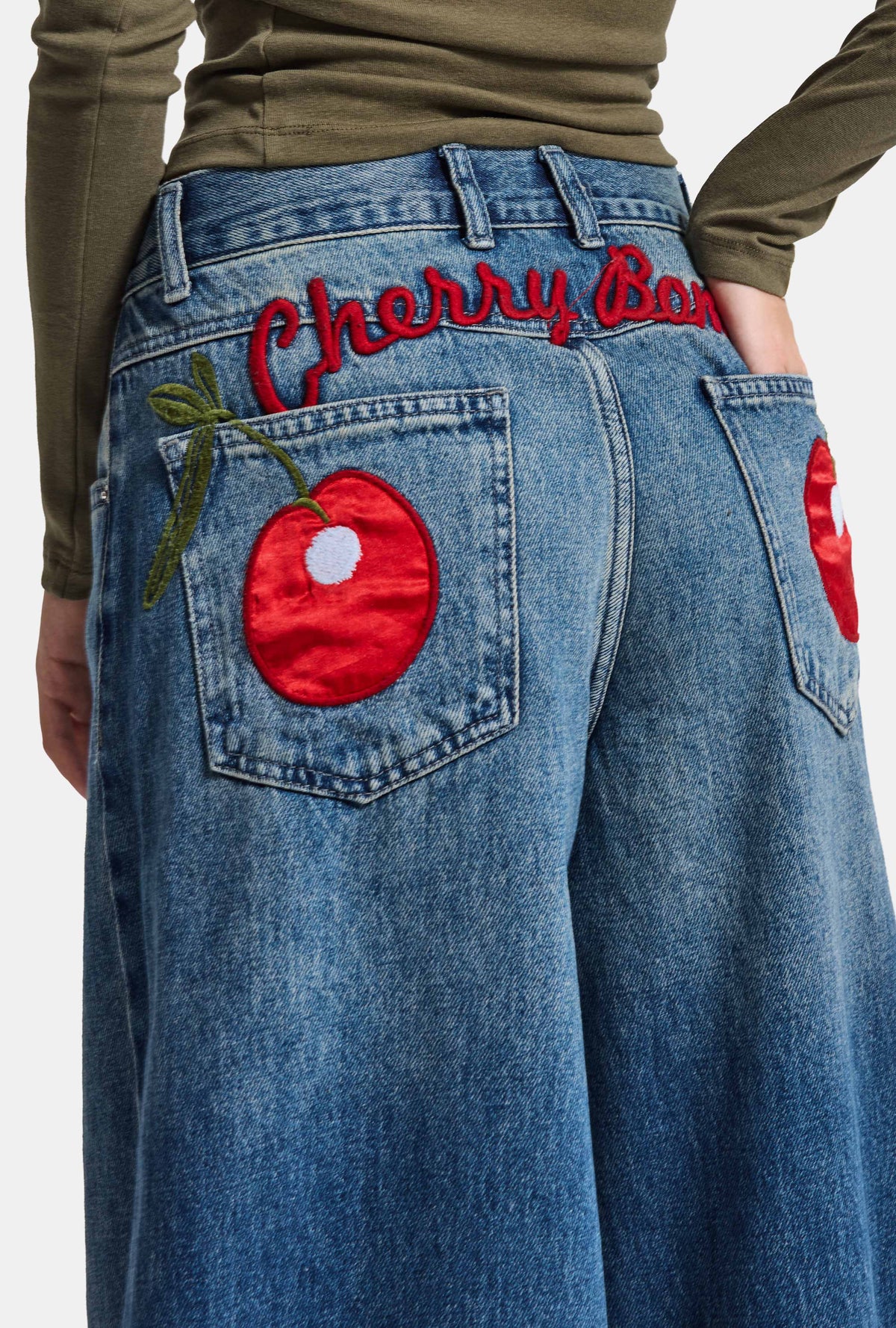 Kadın 2w6-11 Palazzo Fit Cherry Nakış Detaylı Tasarım Denim Jean