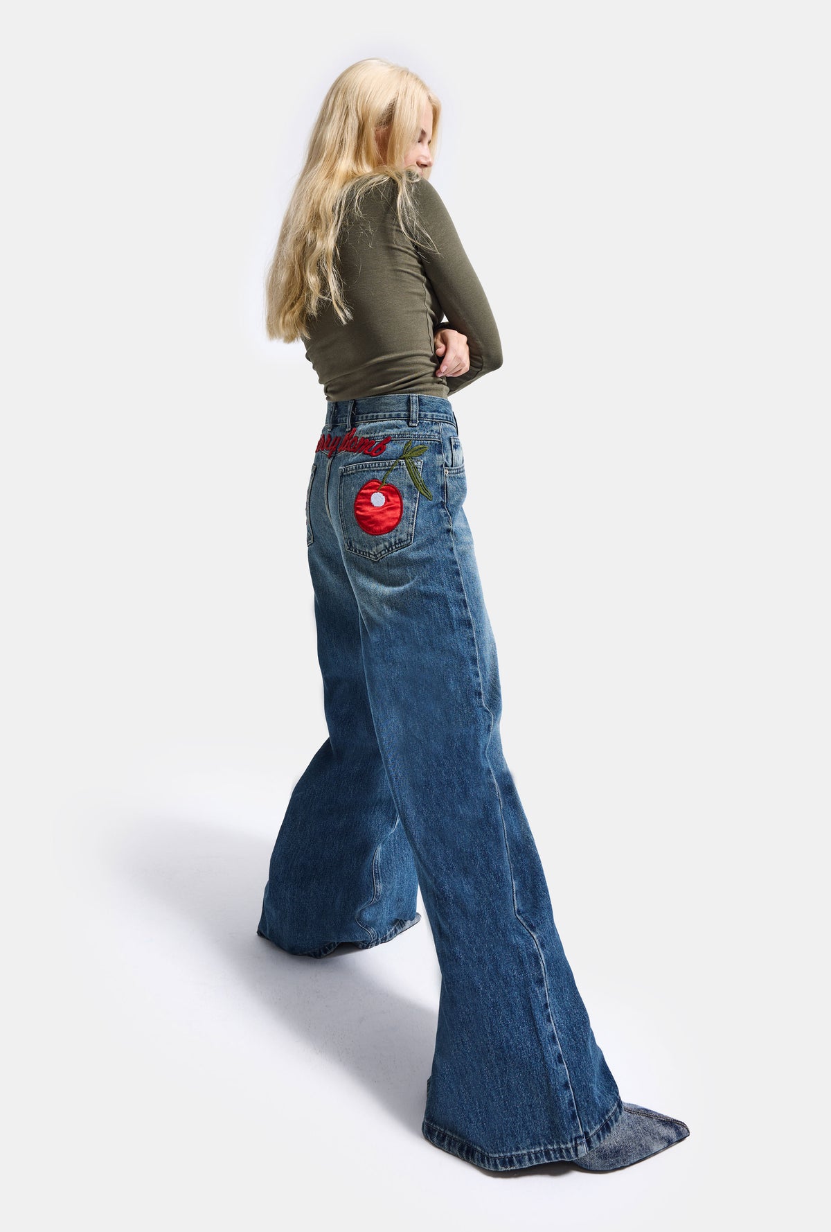Kadın 2w6-11 Palazzo Fit Cherry Nakış Detaylı Tasarım Denim Jean