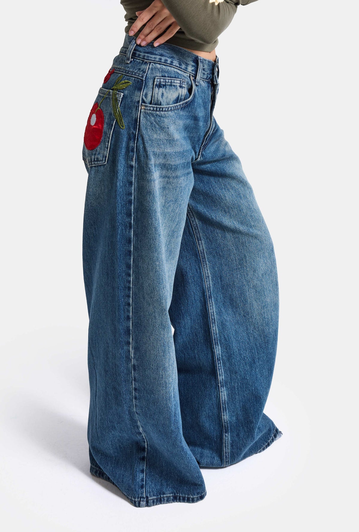 Kadın 2w6-11 Palazzo Fit Cherry Nakış Detaylı Tasarım Denim Jean