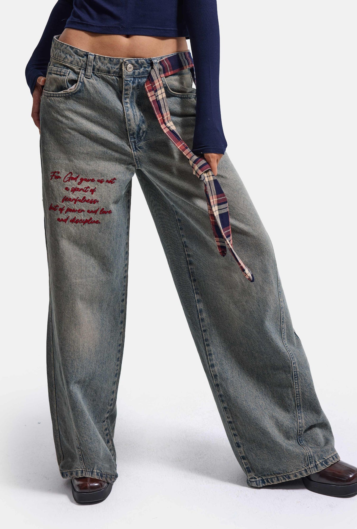 Kadın 2w6-124 Wide Leg Fit Kemer ve Nakış Detaylı Tasarım Denim Jean