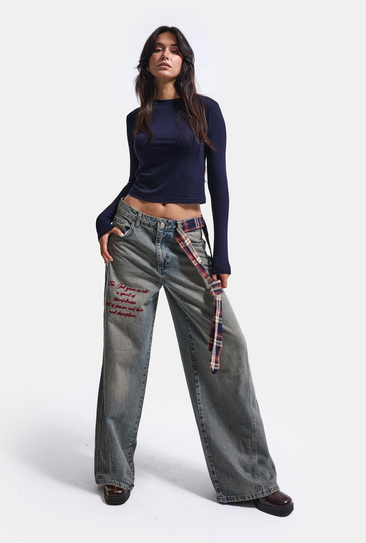 Kadın 2w6-124 Wide Leg Fit Kemer ve Nakış Detaylı Tasarım Denim Jean