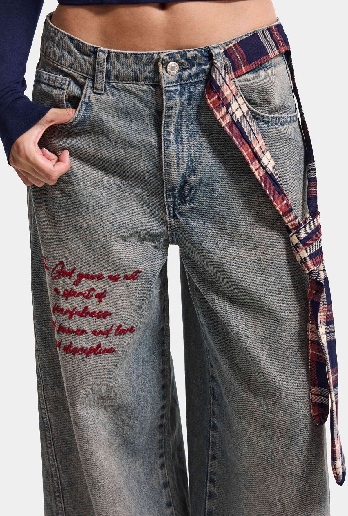 Kadın 2w6-124 Wide Leg Fit Kemer ve Nakış Detaylı Tasarım Denim Jean