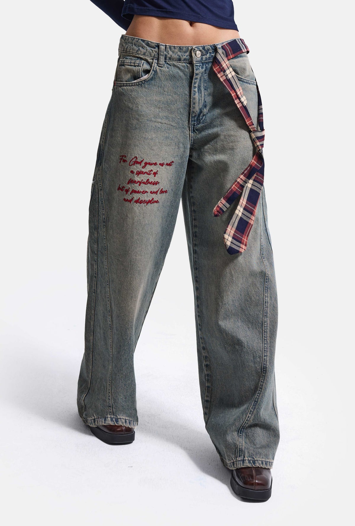 Kadın 2w6-124 Wide Leg Fit Kemer ve Nakış Detaylı Tasarım Denim Jean