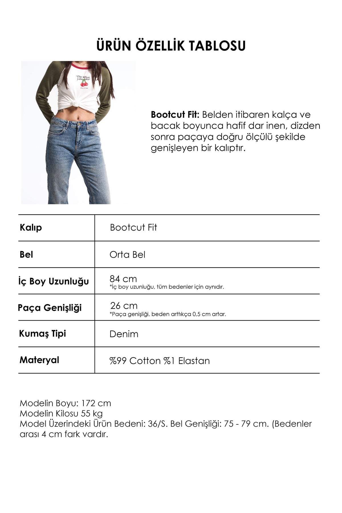 Kadın 2w6-32 Bootcut Flare Orta Bel Denim Jean