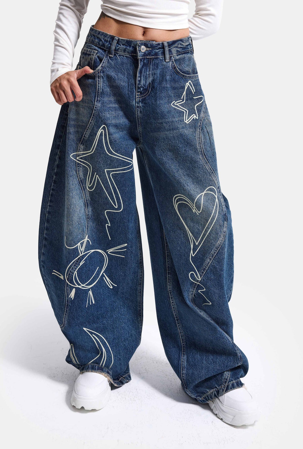 Kadın 2w6-5 Baggy Balloon Nakış Özel Tasarım Denim Jean