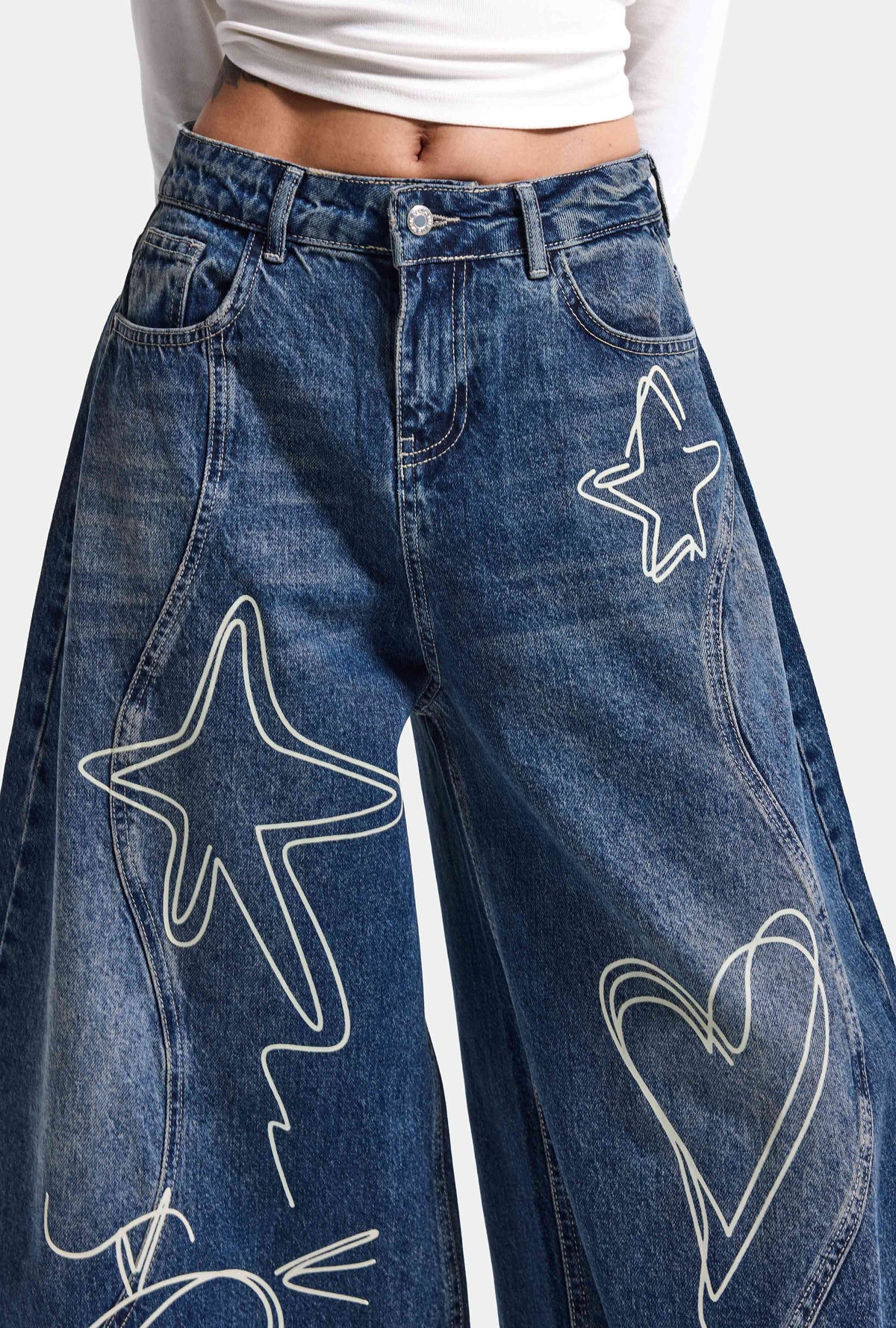Kadın 2w6-5 Baggy Balloon Nakış Özel Tasarım Denim Jean