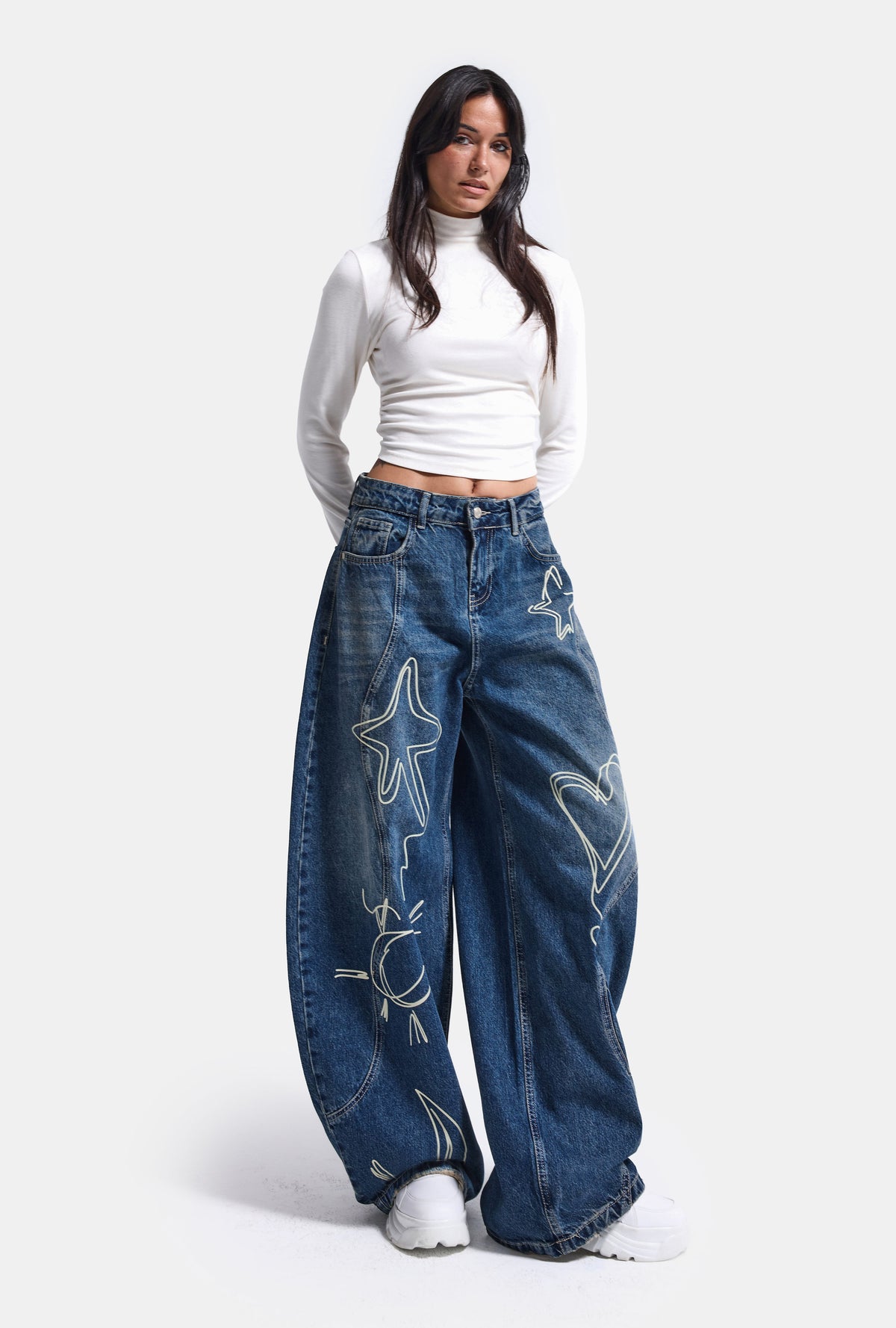 Kadın 2w6-5 Baggy Balloon Nakış Özel Tasarım Denim Jean
