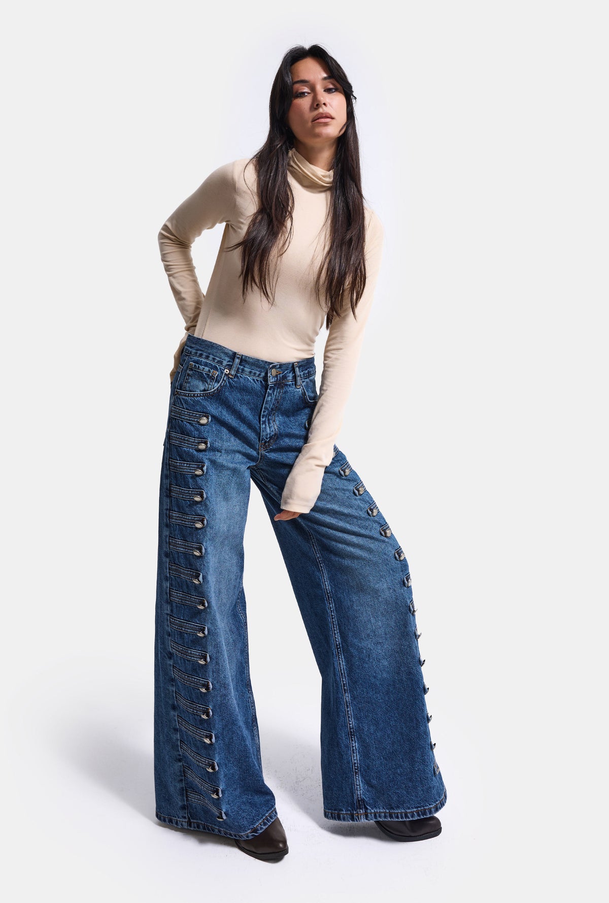Kadın 2w6-5 Palazzo Fit Napolyon Tasarım Denim Jean