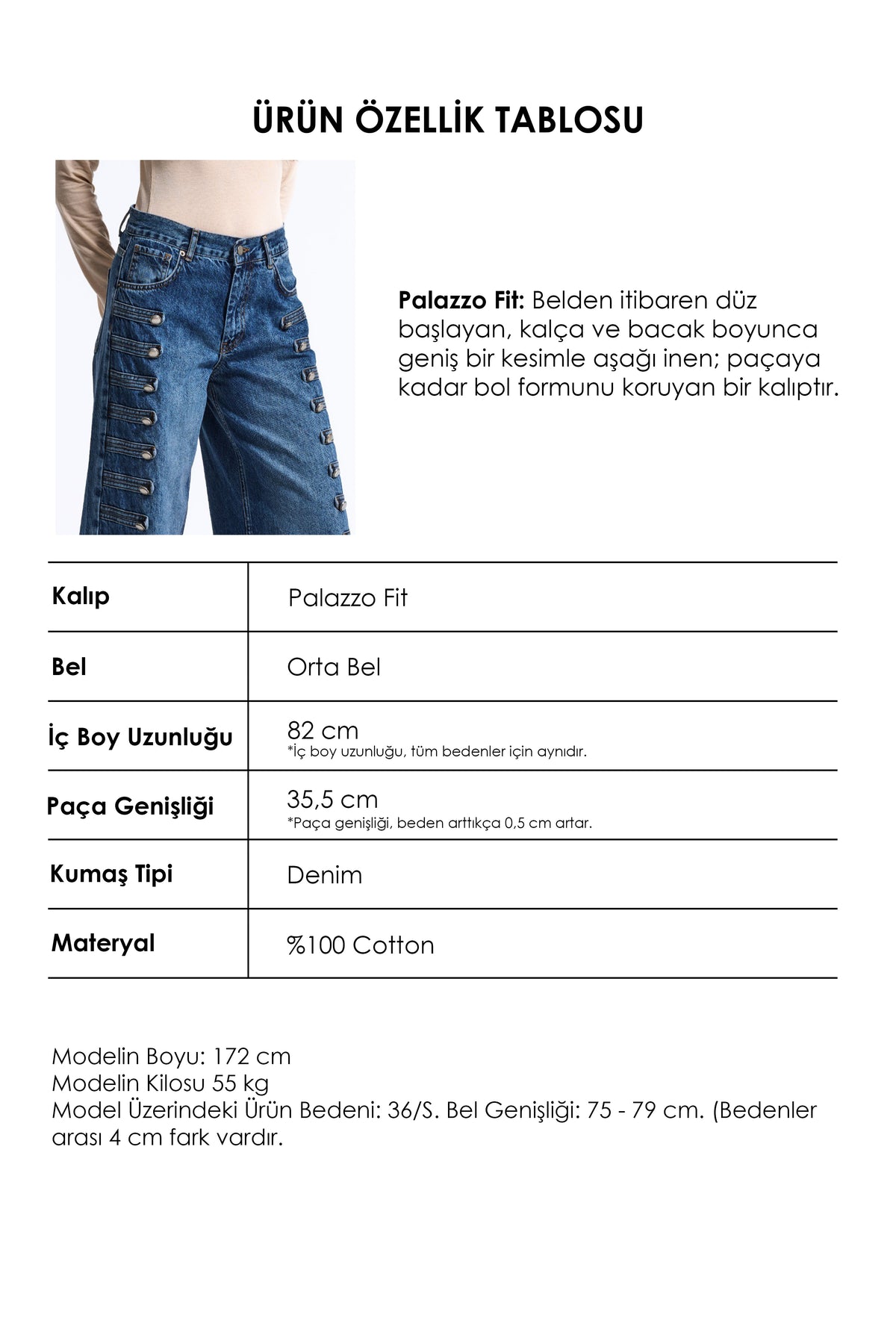 Kadın 2w6-5 Palazzo Fit Napolyon Tasarım Denim Jean