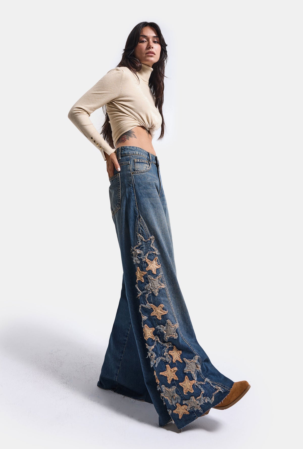 Kadın 2w6-8 Palazzo Fit Özel Yıldız Desen Nakış Tasarım Denim Jean