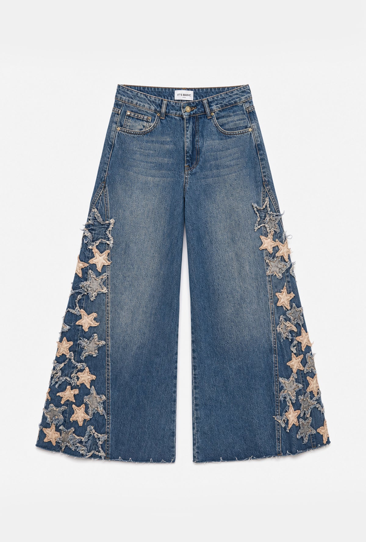 Kadın 2w6-8 Palazzo Fit Özel Yıldız Desen Nakış Tasarım Denim Jean