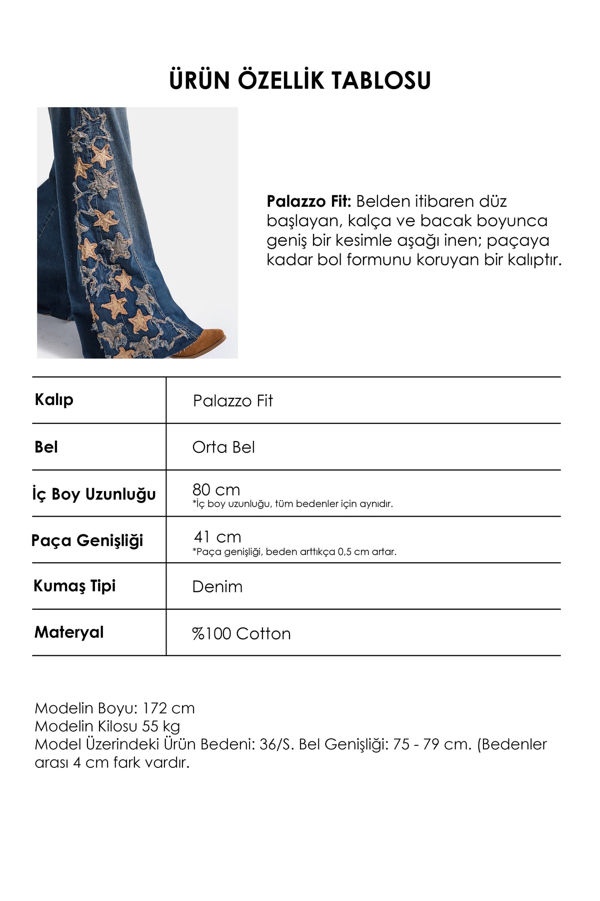 Kadın 2w6-8 Palazzo Fit Özel Yıldız Desen Nakış Tasarım Denim Jean