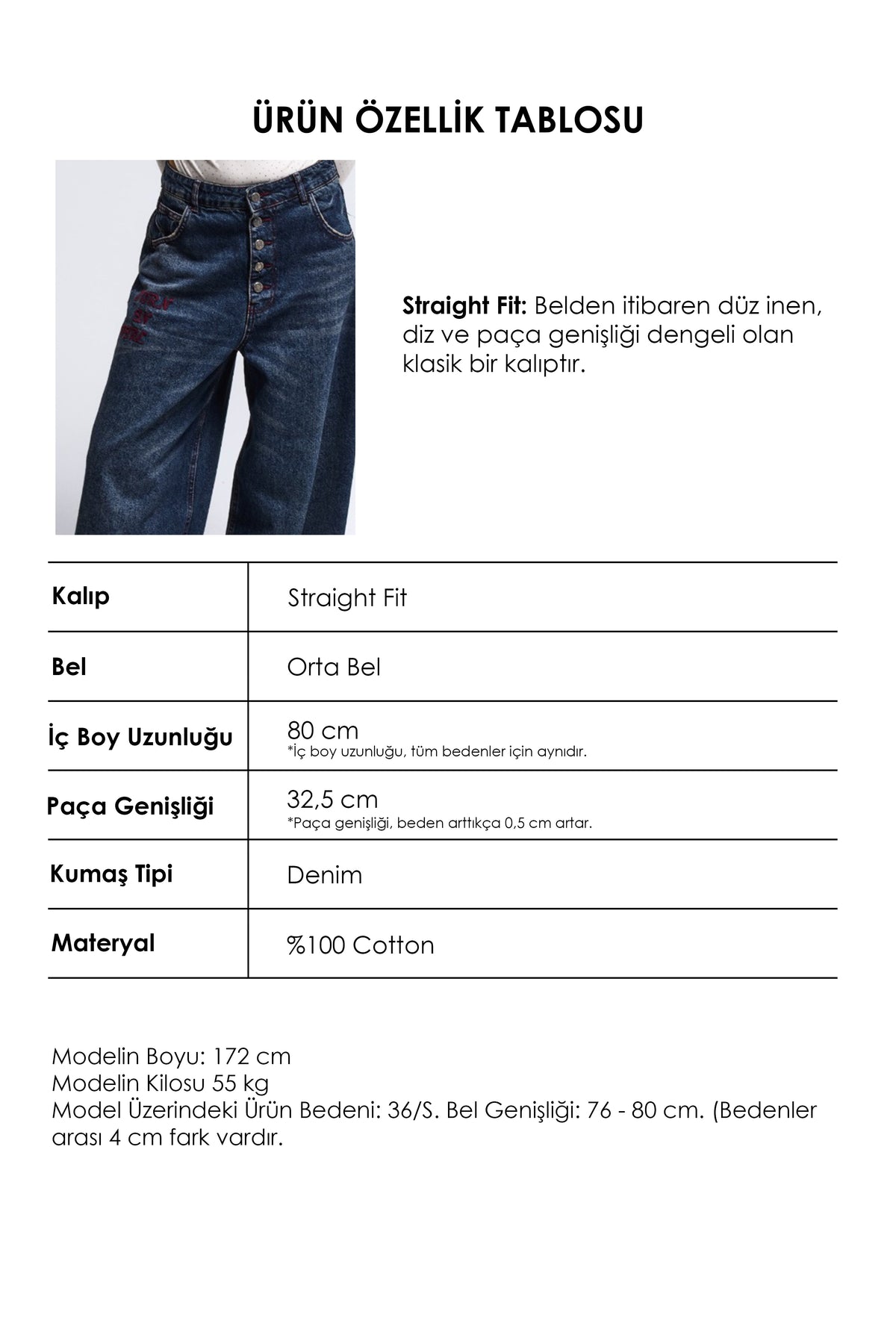 Kadın 2w6-8 Straight Baggy Nakış Detaylı Tasarım Denim Jean
